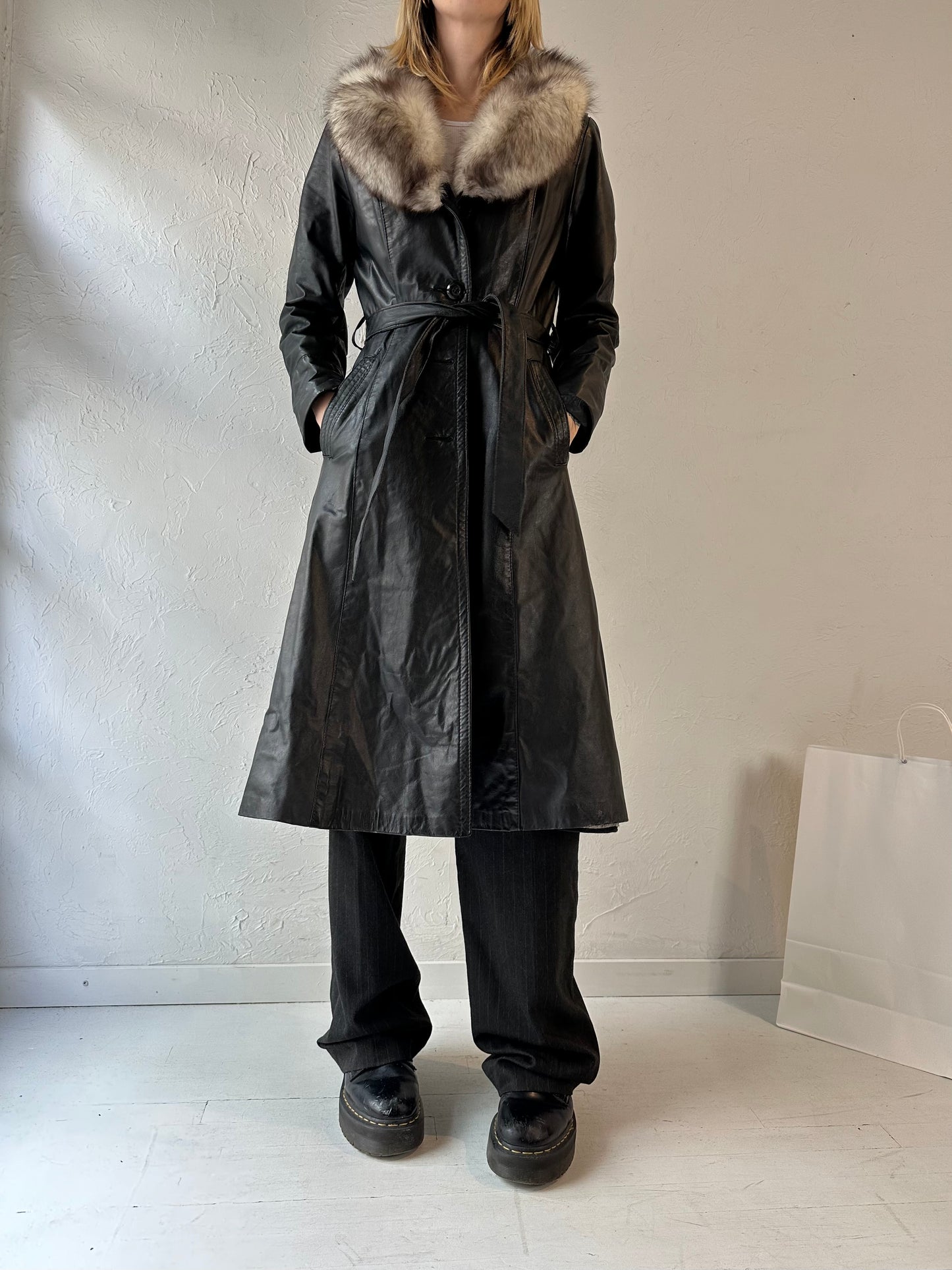 Vintage 'Cosa Nova' Black Leather Coat with Fur Collar / Small