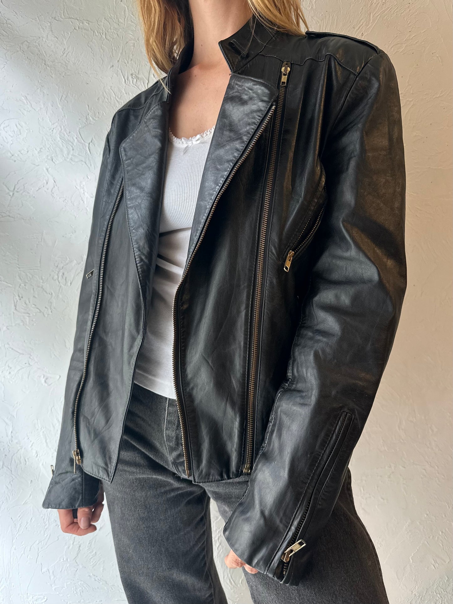 90s ‘Wilsons’ Black Leather Moto Jacket / Medium
