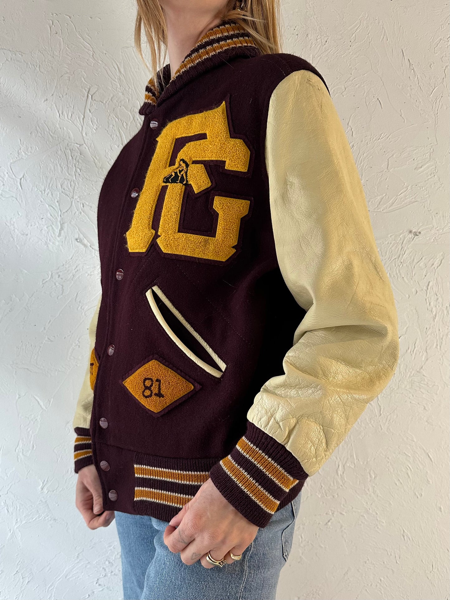 80s Leather Wool Varsity Jacket / Small