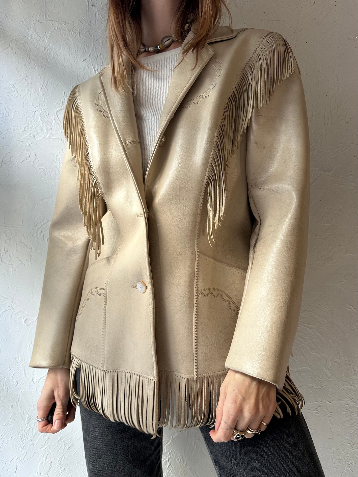 70s 'Pioneer Wear' Beige Faux Leather Fringe Jacket / Small