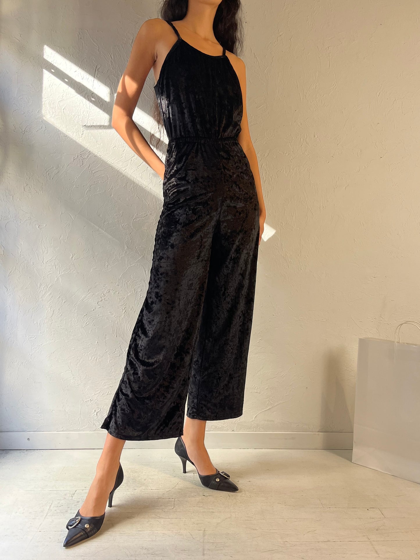 90s ‘Angie’ Black Crushed Velvet Jumpsuit / Small