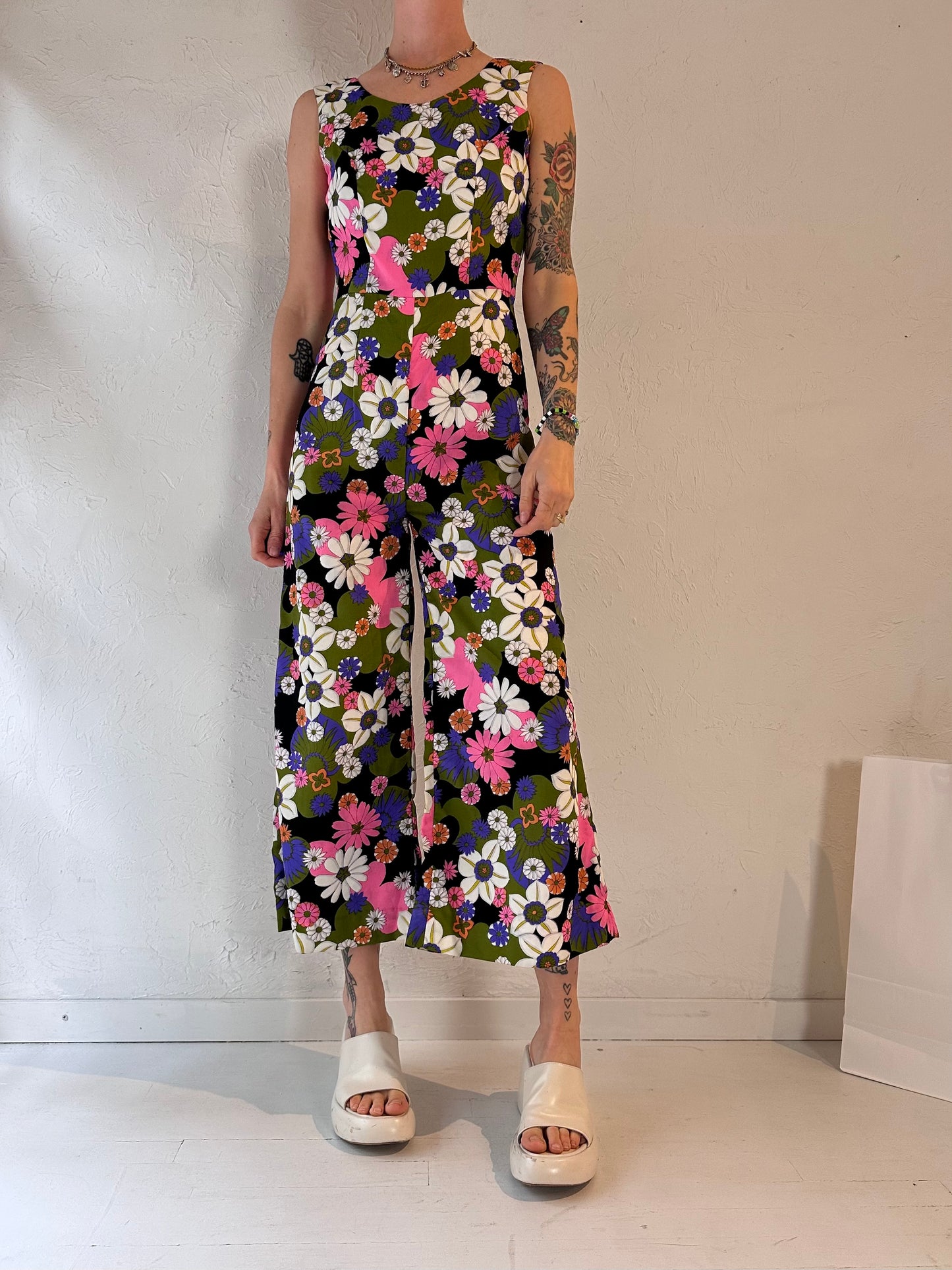 70s Handmade Floral Print Jumpsuit / Small