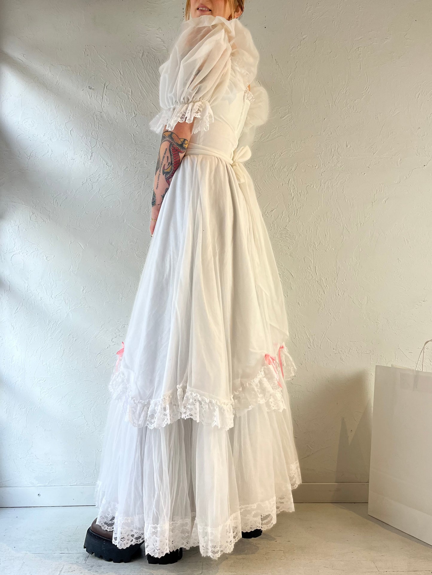 70s White Puff Sleeve Romantic Maxi Dress / Small
