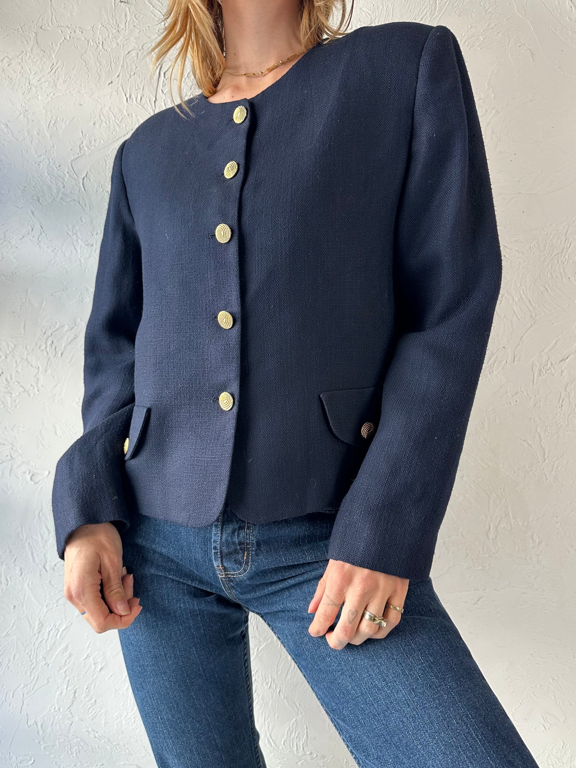90s 'Appleseeds' Navy Blue Knit Rayon Jacket / Large