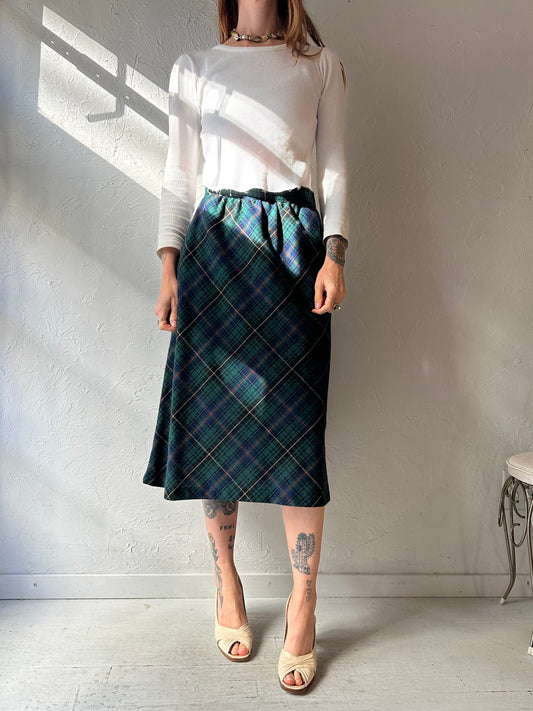 Vintage Green Plaid Midi Skirt / Small