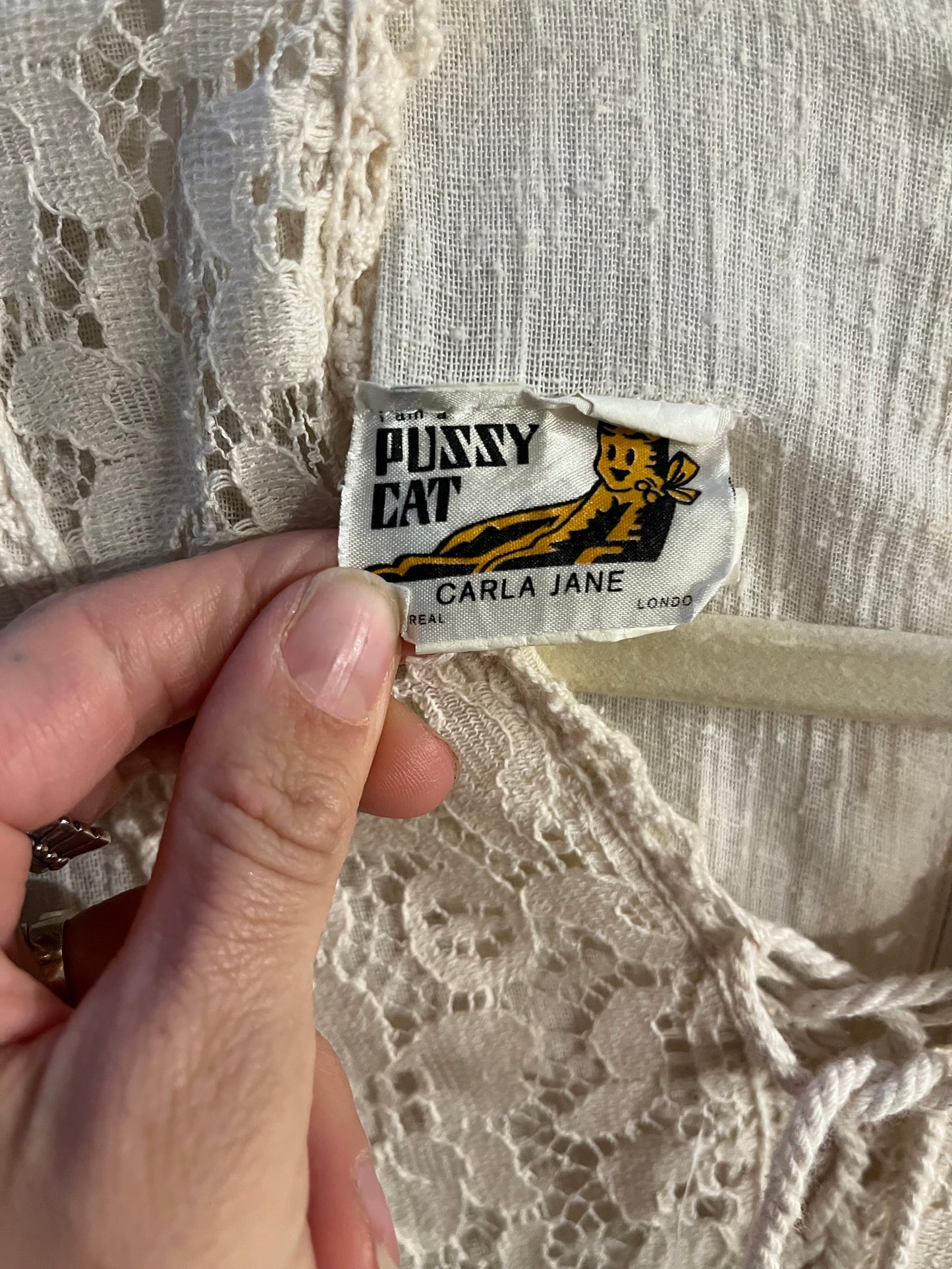 70s ‘Pussy Cat’ Cream Long Sleeve Peasant Dress / Small