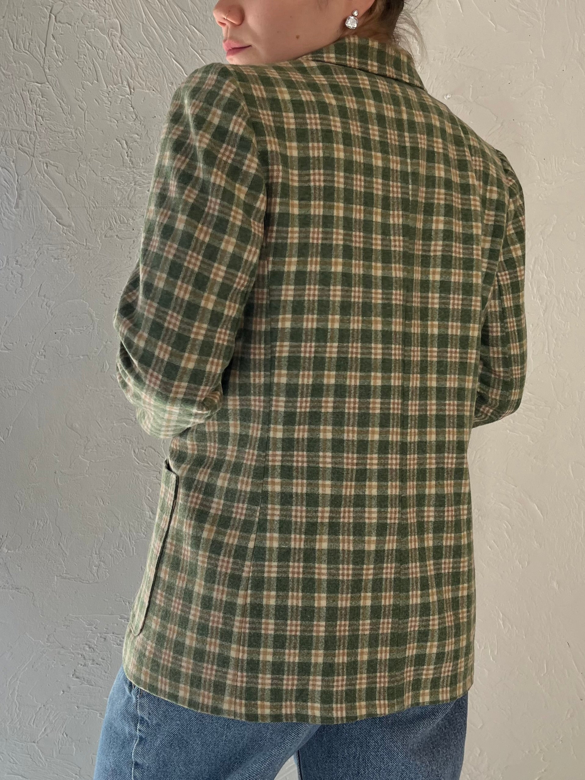 Vintage Green Plaid Knit Blazer Jacket / Small