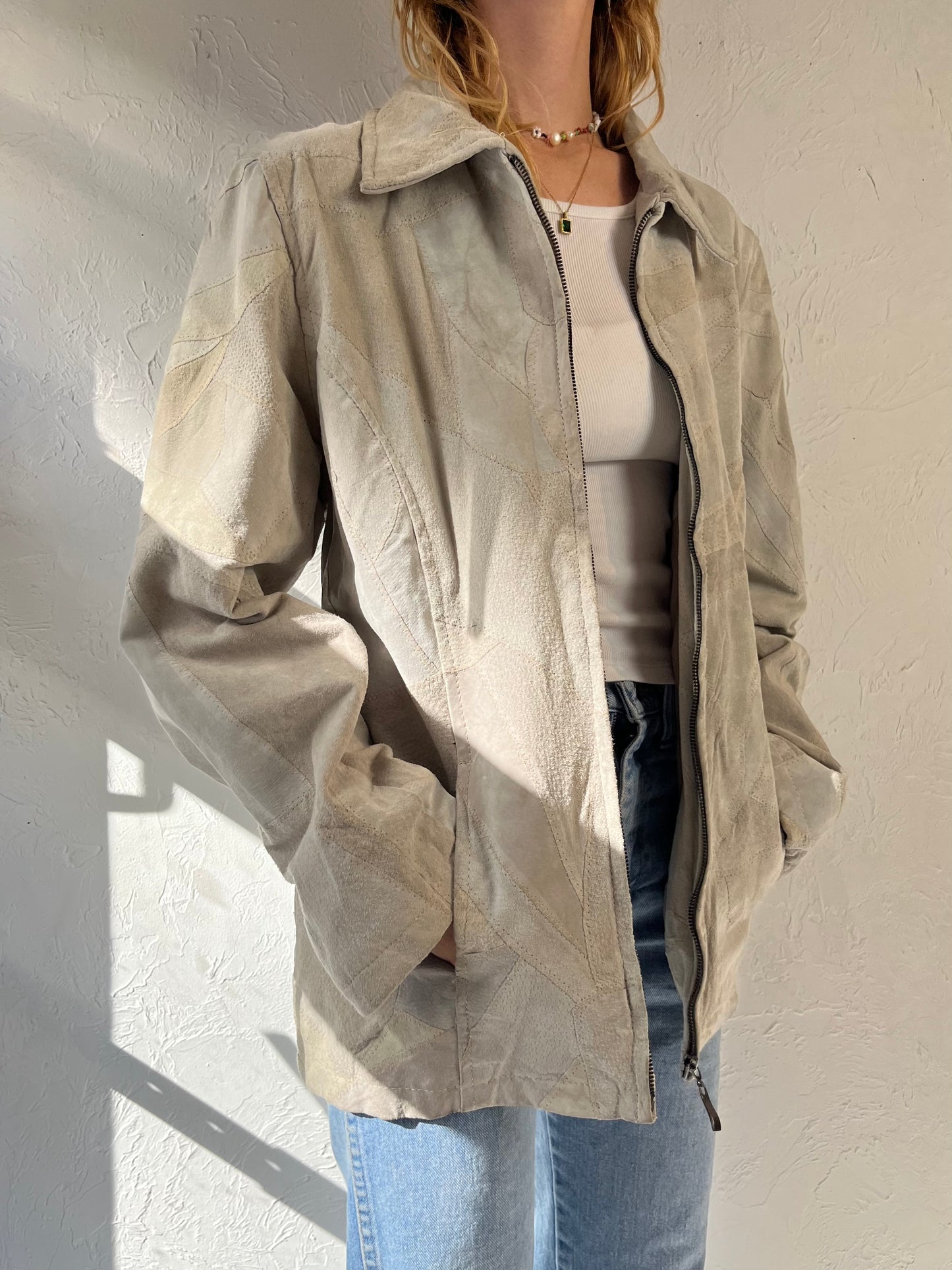 Y2K 'Leather Works' Cream Patchwork Suede Jacket / Large