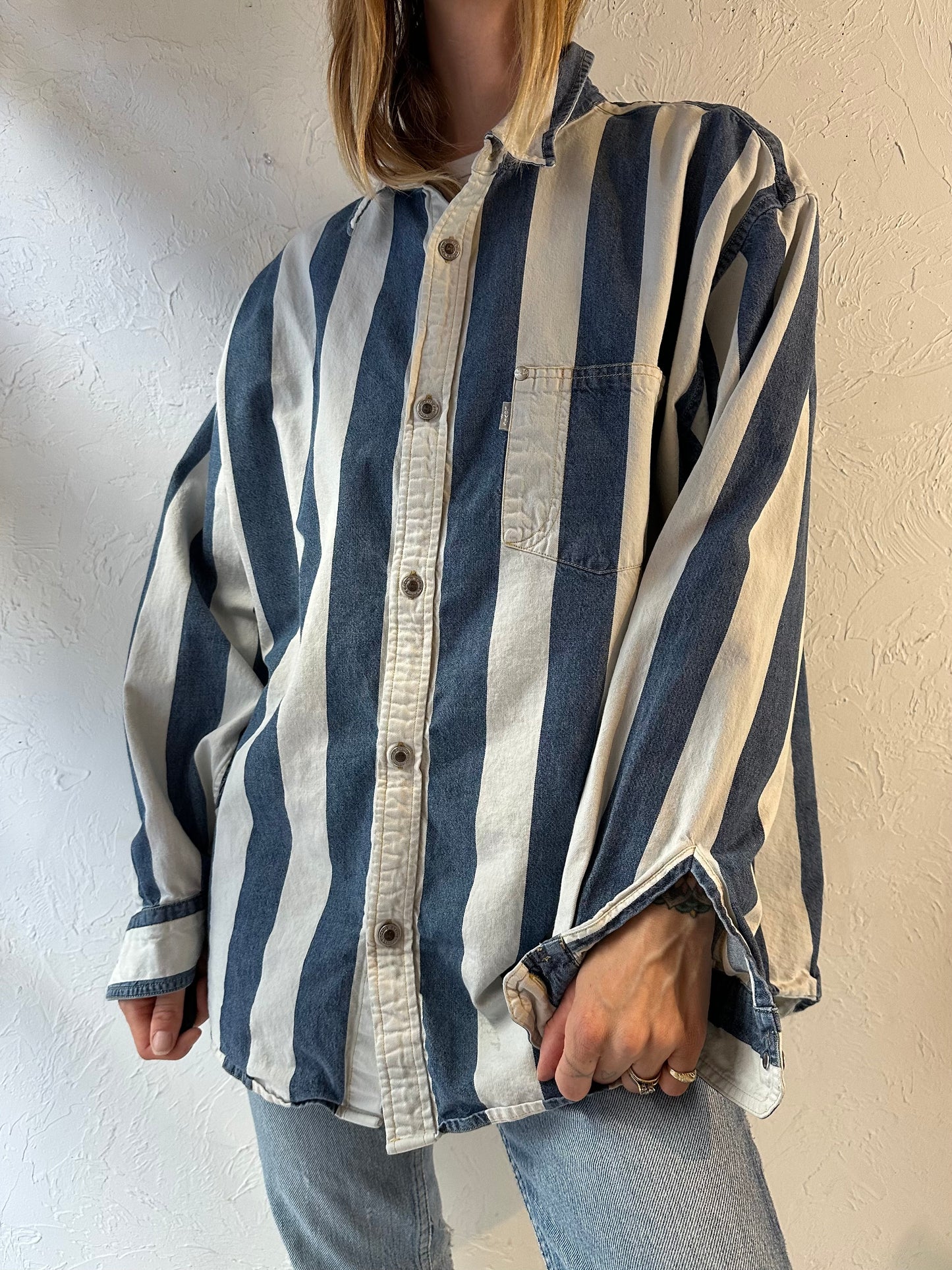 90s ‘Levi's Silver Tab' Striped Button Up Denim Shirt / Large