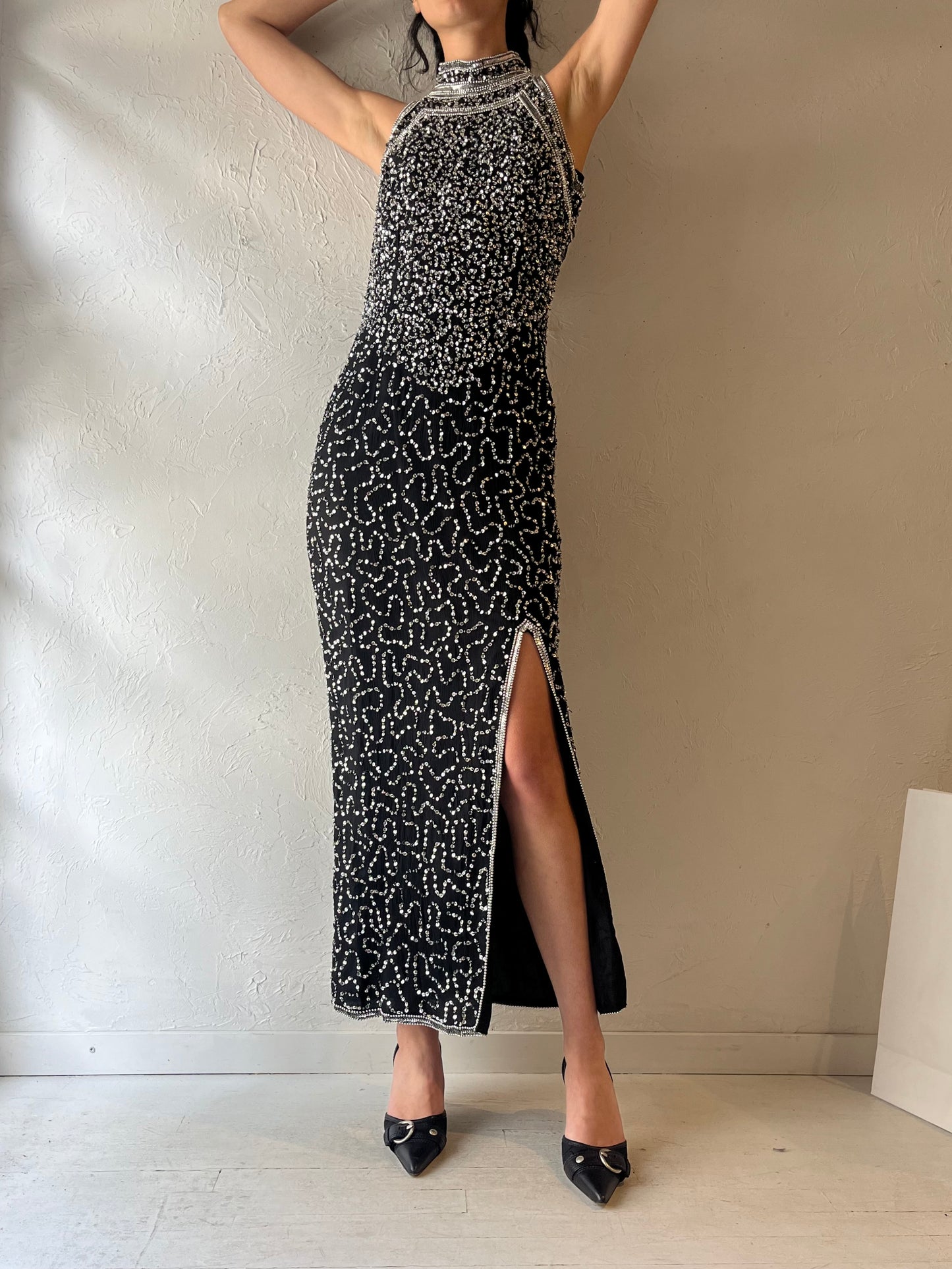 90s ‘Laurence Kagar’ Black Beaded Gown / Large