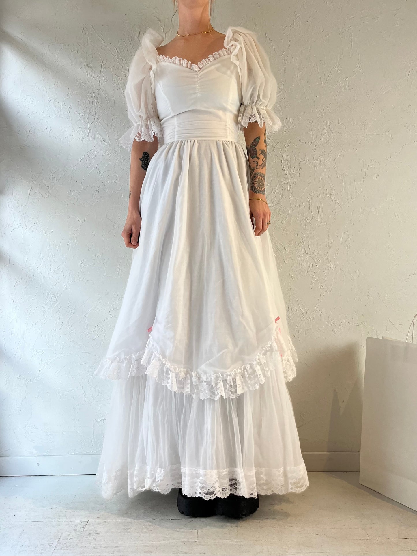 70s White Puff Sleeve Romantic Maxi Dress / Small