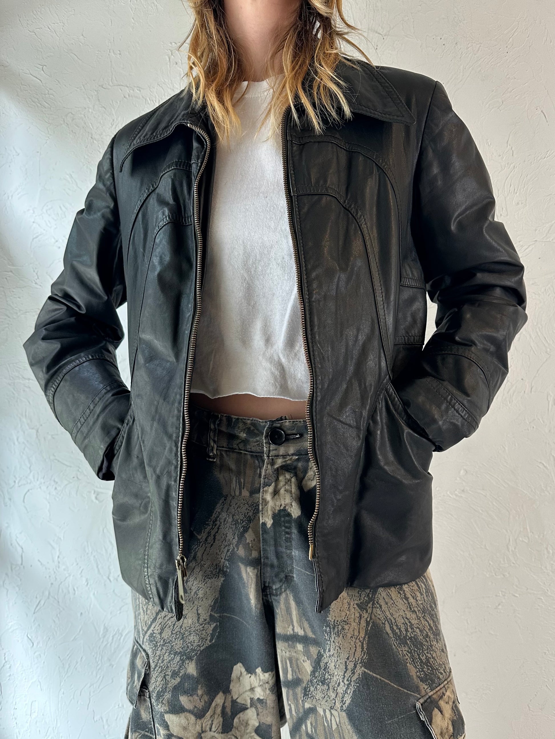 90s 'Vany' Black Leather Jacket / Medium