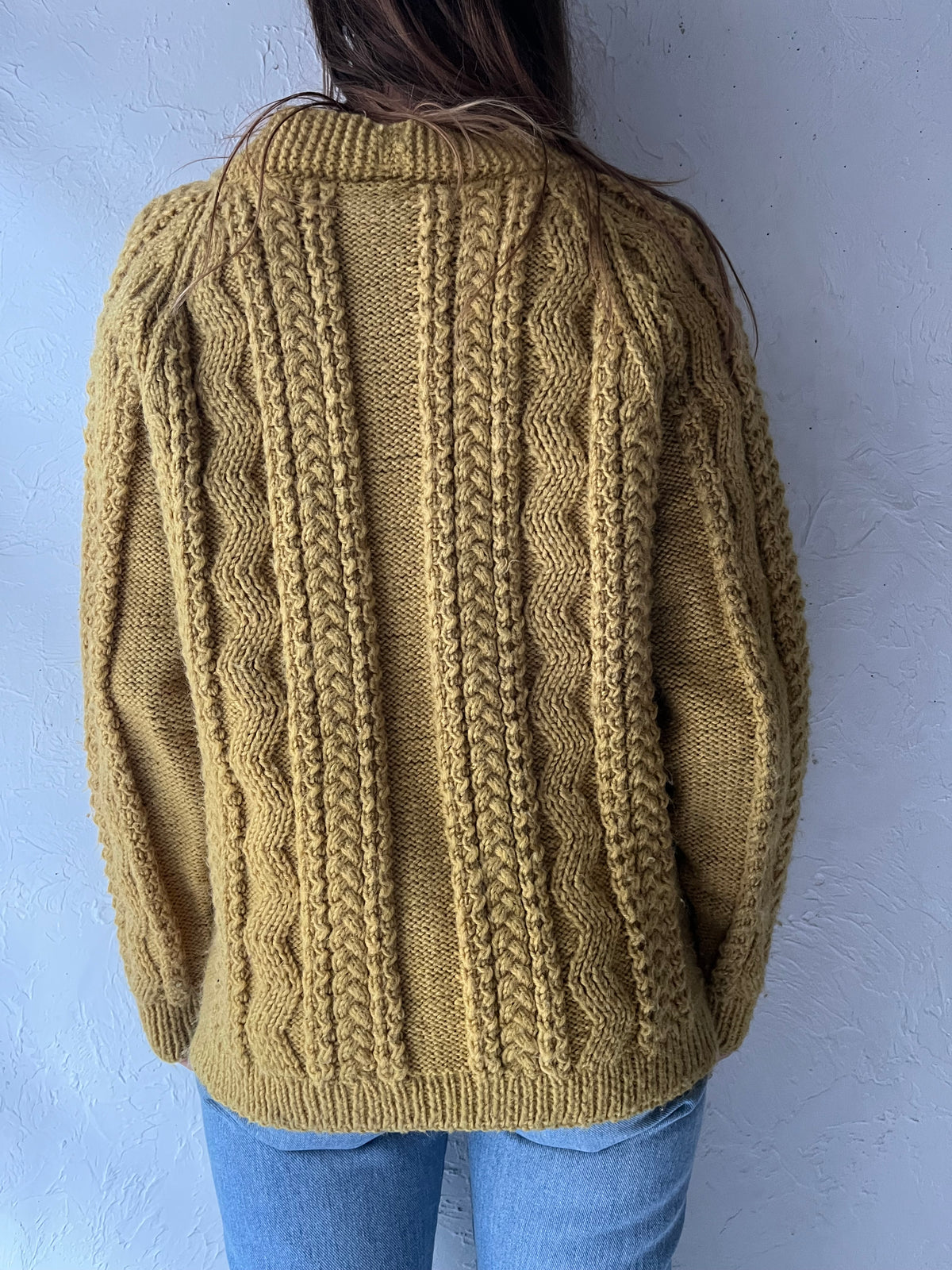 Vintage HandKnit Chartreuse Cable Knit Cardigan Sweater / Medium