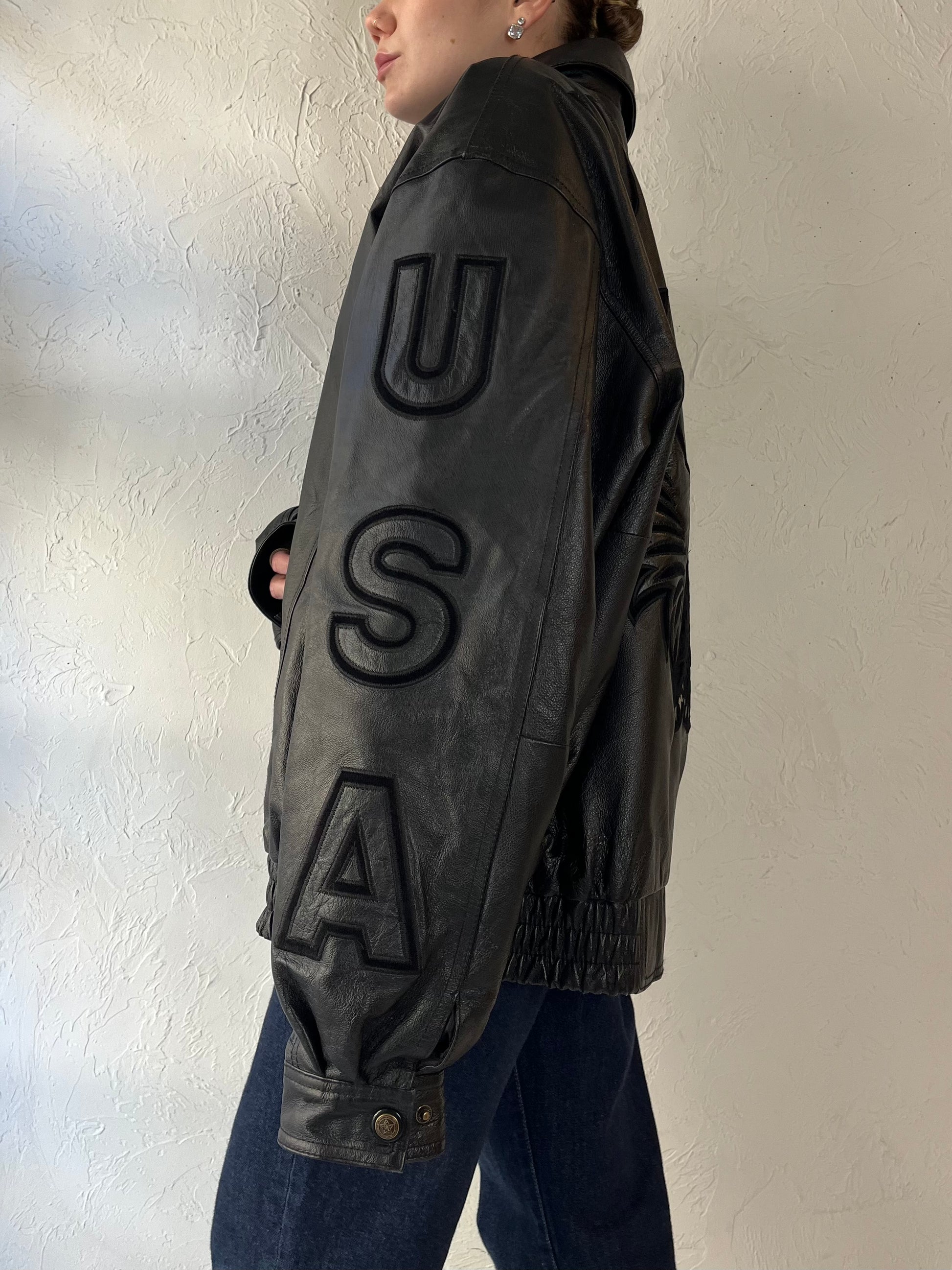 90s ‘USA’ Black Leather Bomber Jacket / XL