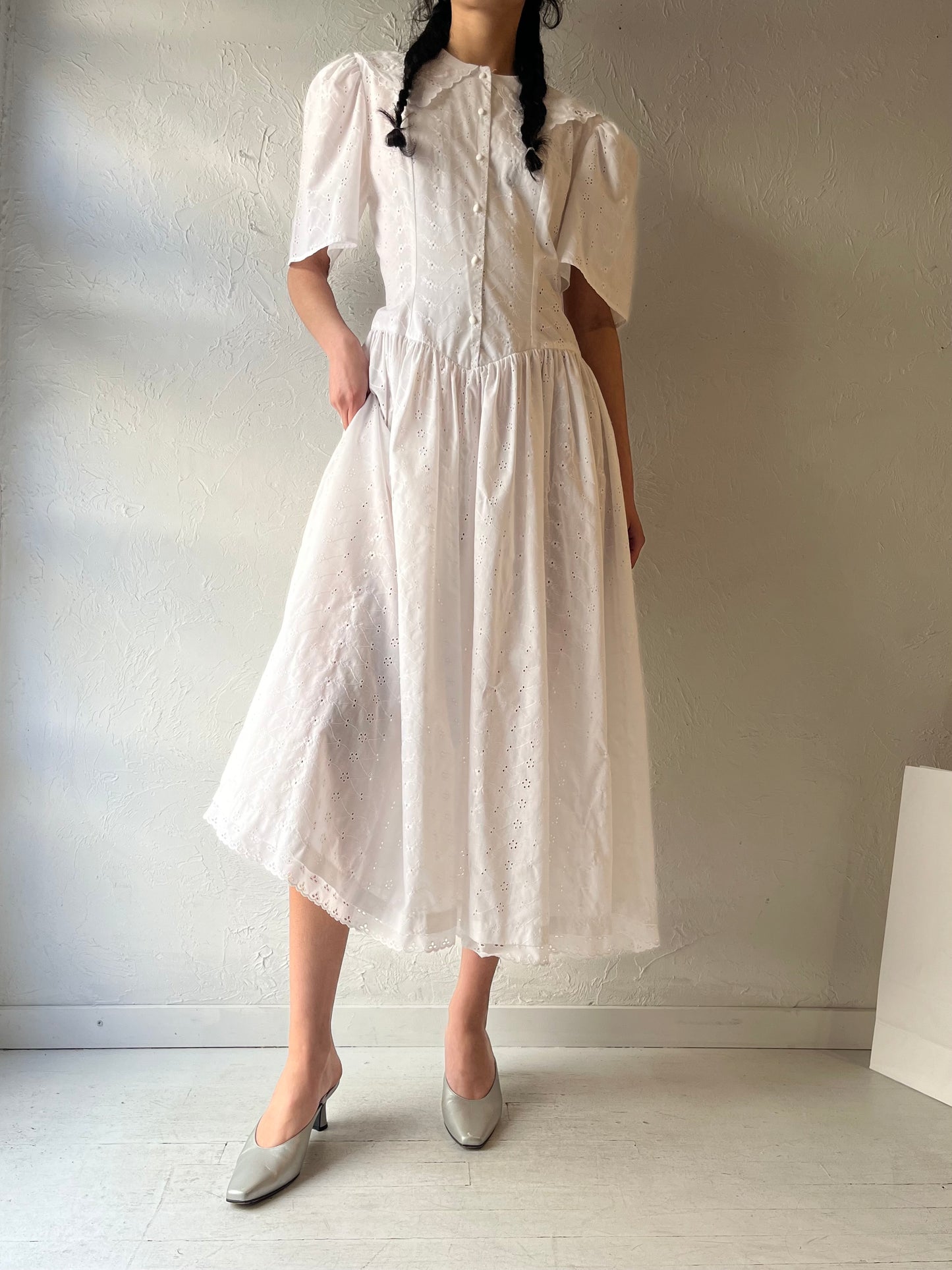 80s ‘Dayworks’ White Eyelet Midi Dress / Medium