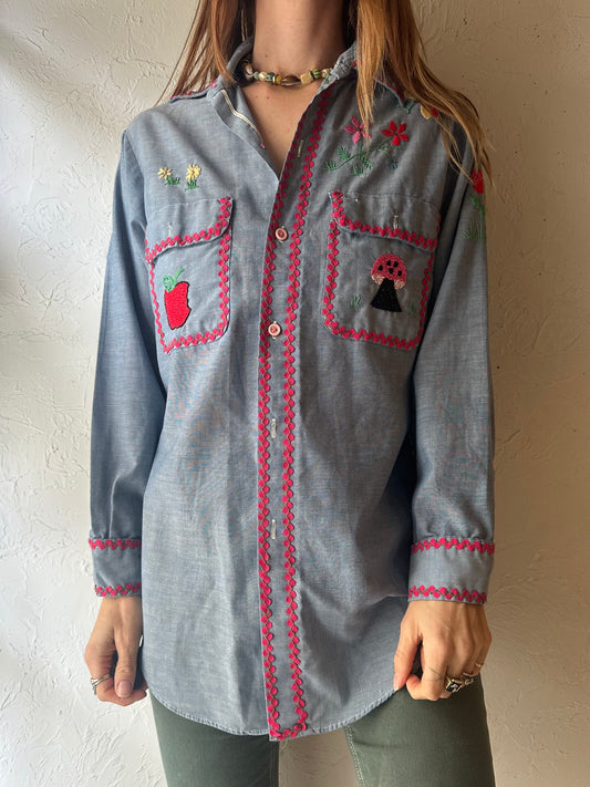 70s 'Big Mac' Embroidered Button Up Shirt / Large