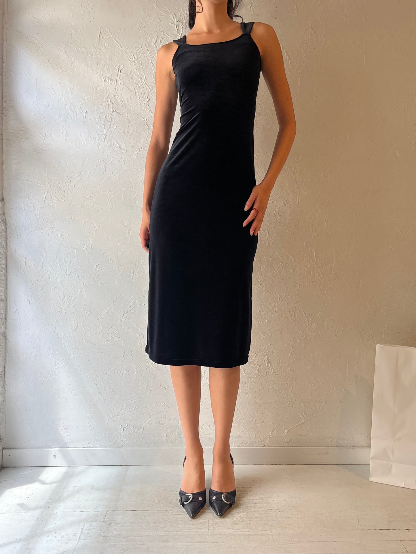 90s ‘Euro Mode’ Black Velvet Midi Dress / Small