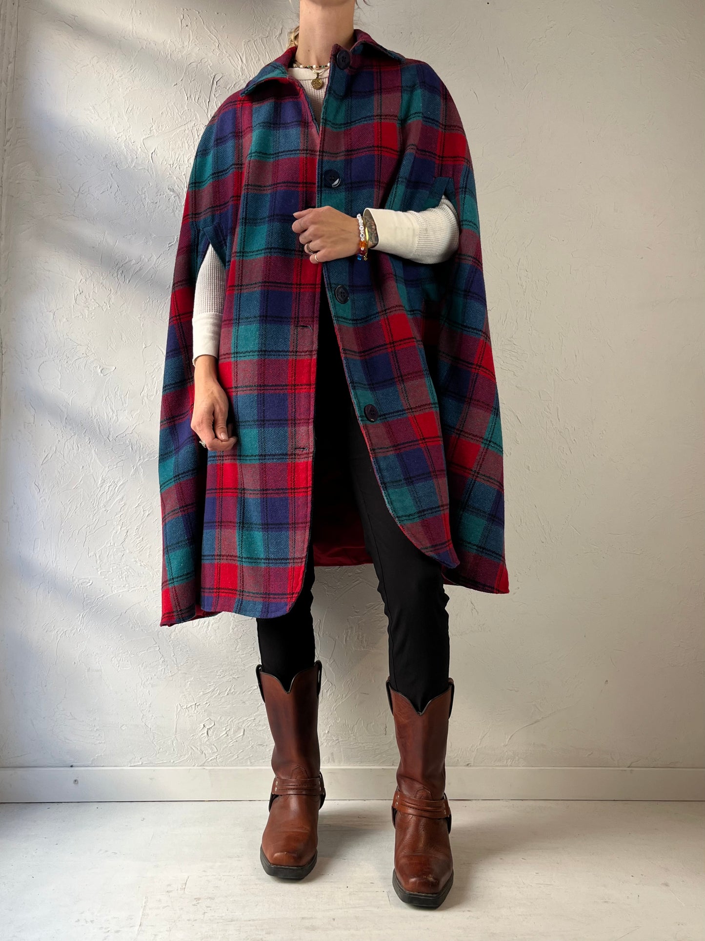 Vintage Classic Plaid Poncho / One Size