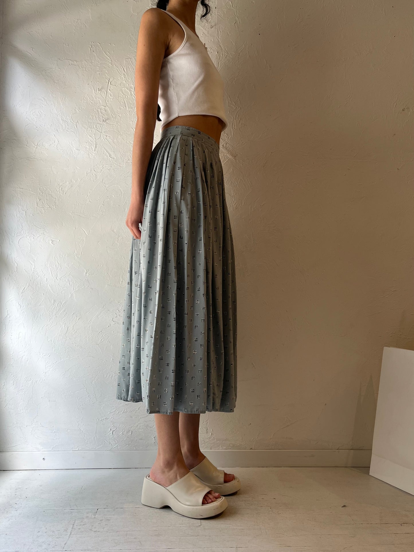 90s Gray Patterned Silk Pleated Hight Waisted Skirt / Small