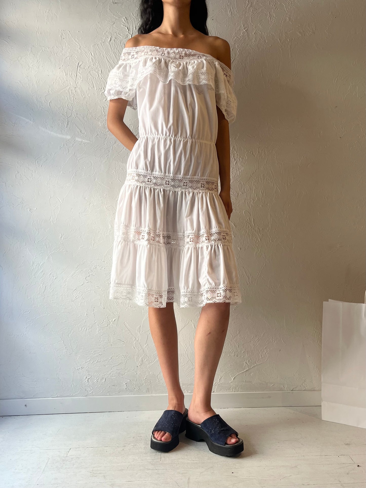 80s 'Telamex' White Tiered Prairie Dress / Small