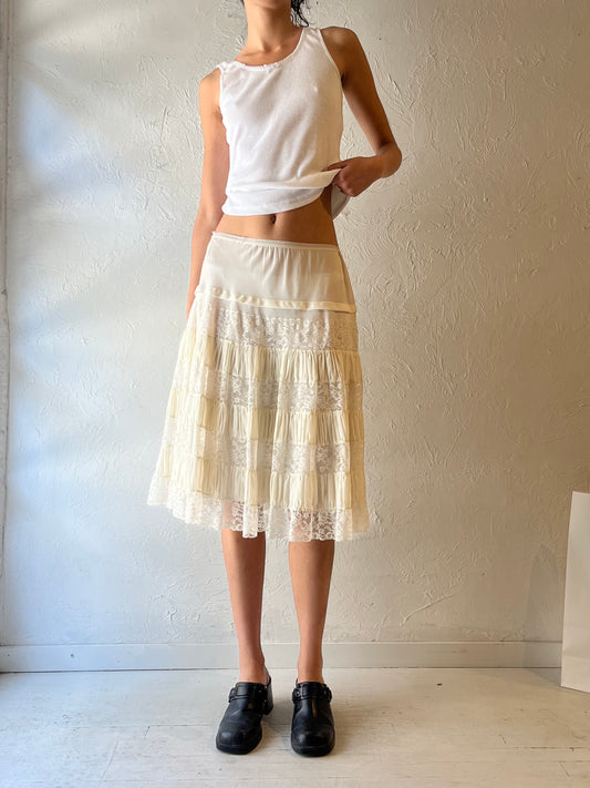 90s 'Colony Club' White Tiered Lace Midi Skirt / Medium