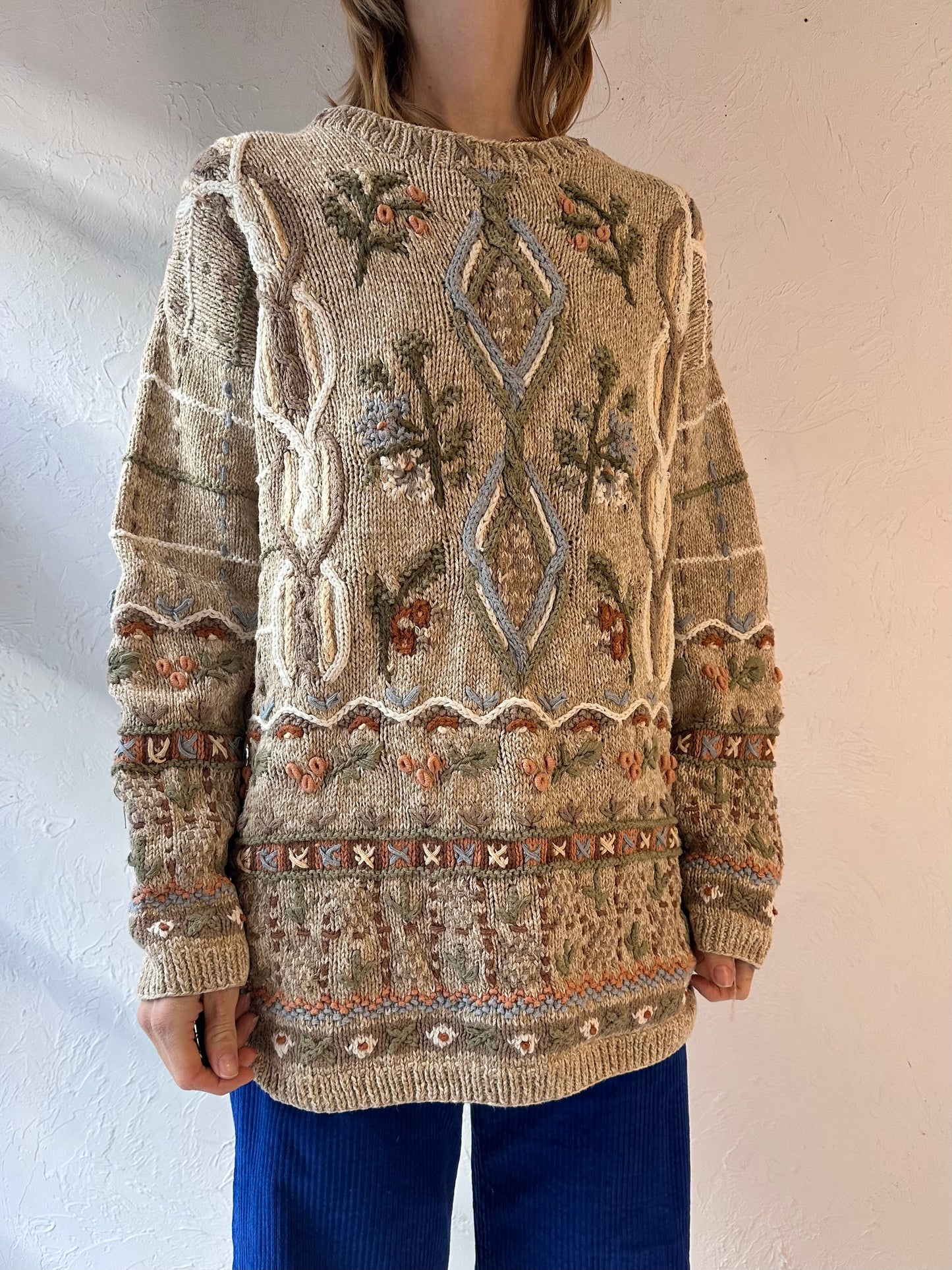 Vintage 'Portraits' Cotton Ramie Floral Knit Sweater / XL