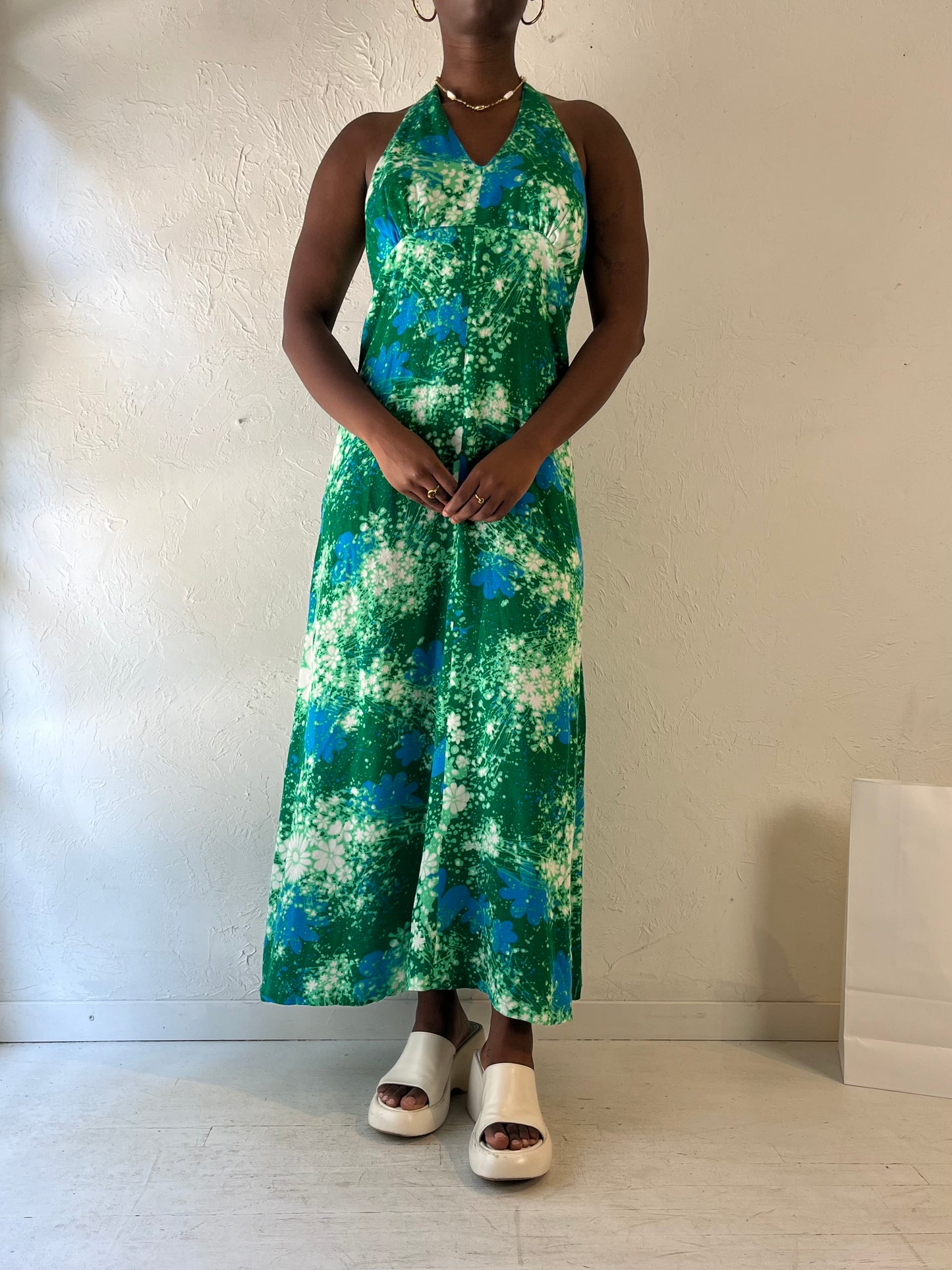 Vintage Handmade Green Patterned Halter Dress / Medium