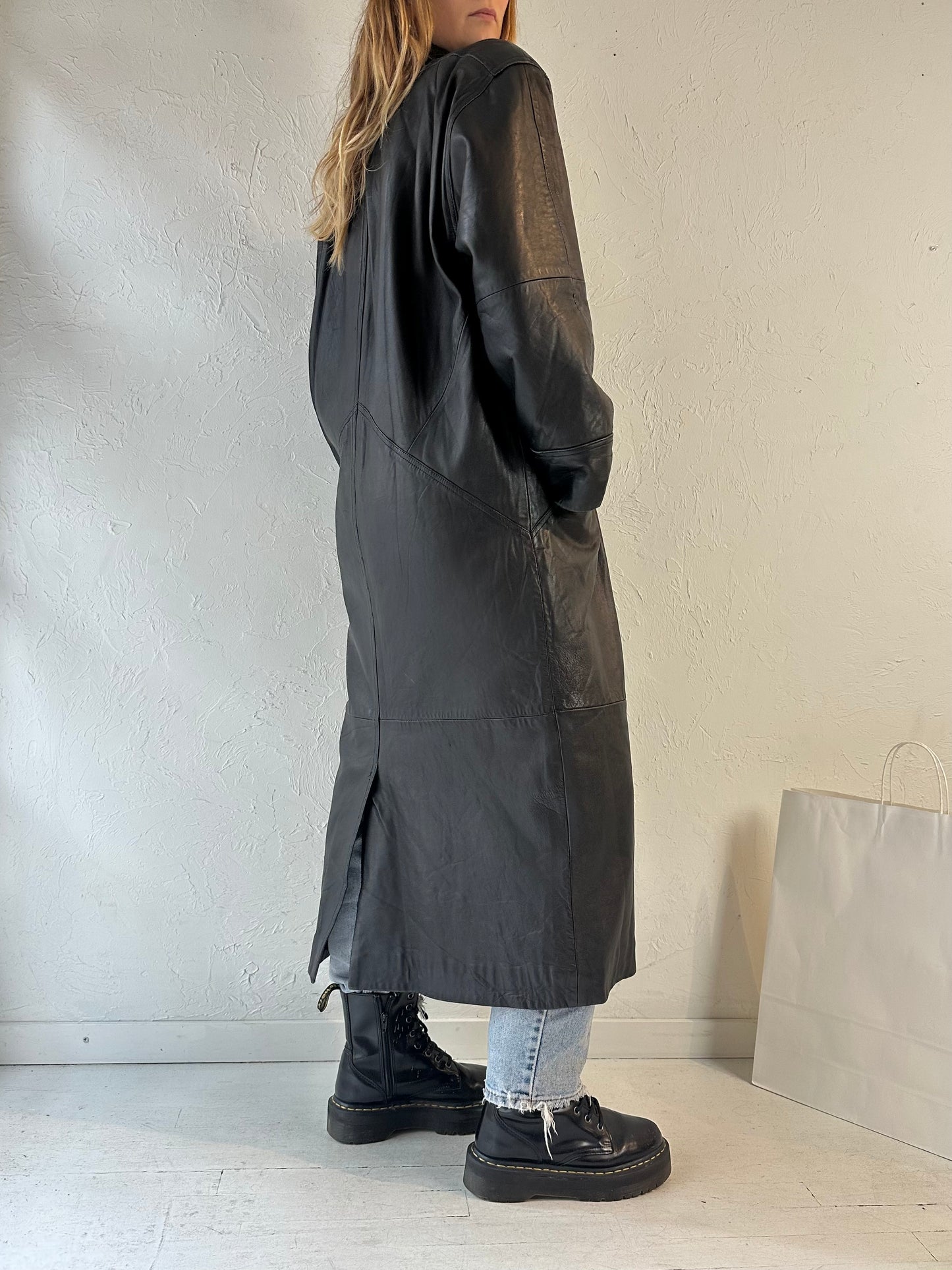 90s Black Leather Coat / Small