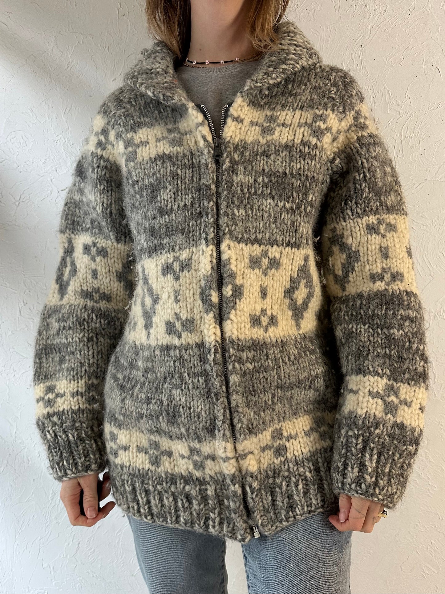 Vintage Hand Knit Gray Wool Zip Up Sweater / Medium