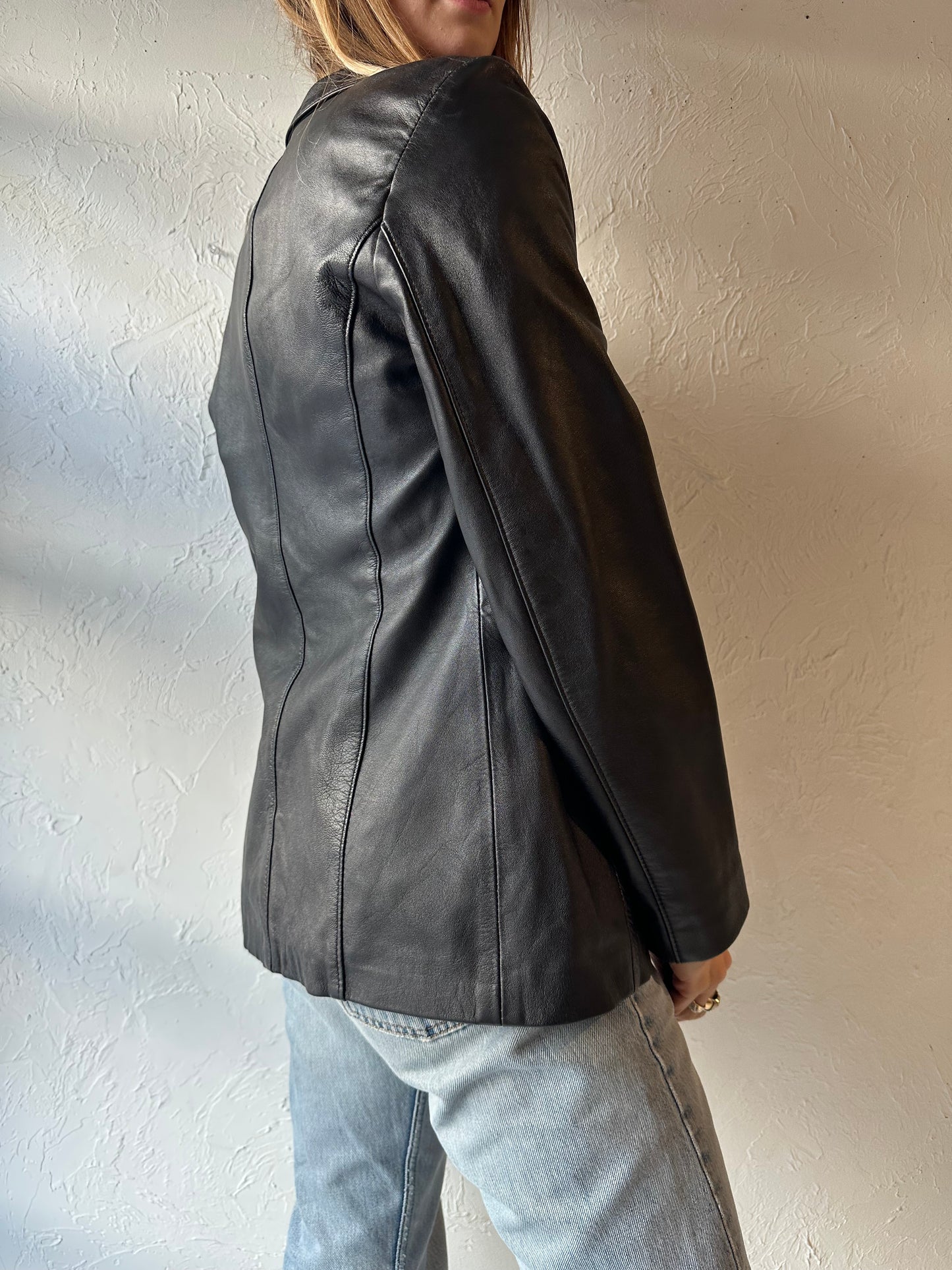 90s ‘Planet Euro’ Black Leather Jacket / Small