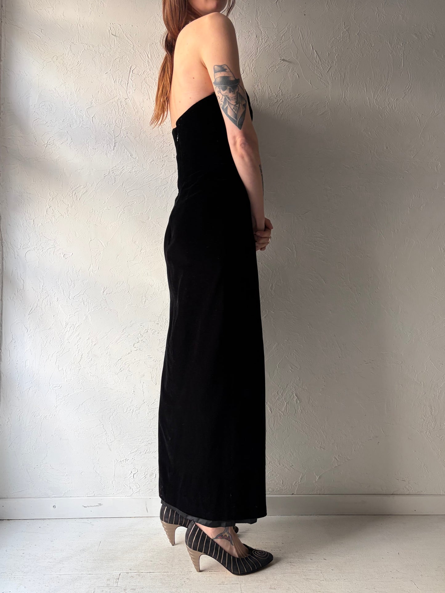 Vintage Black Strapless Velvet Formal Dress / Small