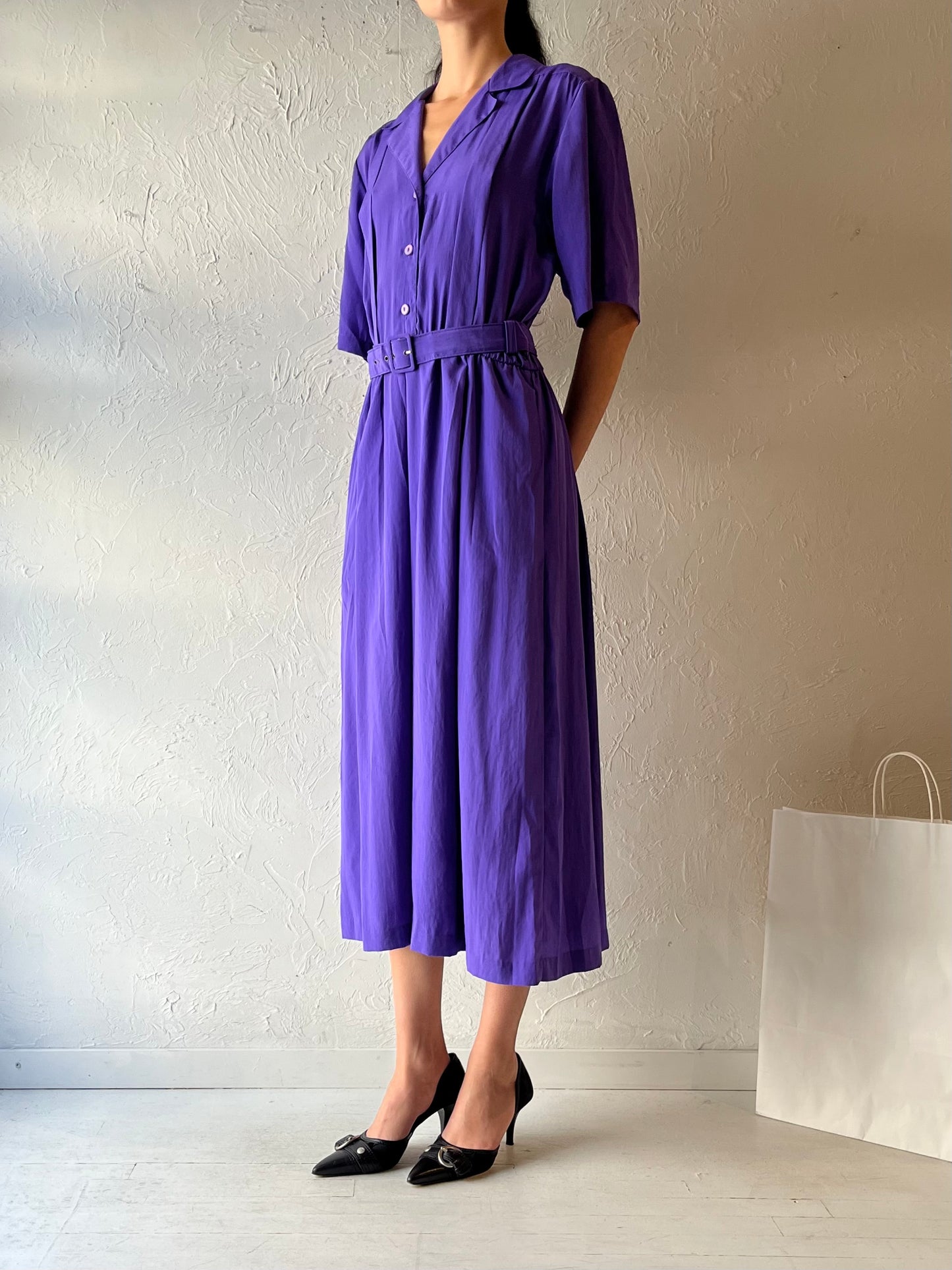 90s ‘Cimone’ Purple Collared Midi Dress / Medium