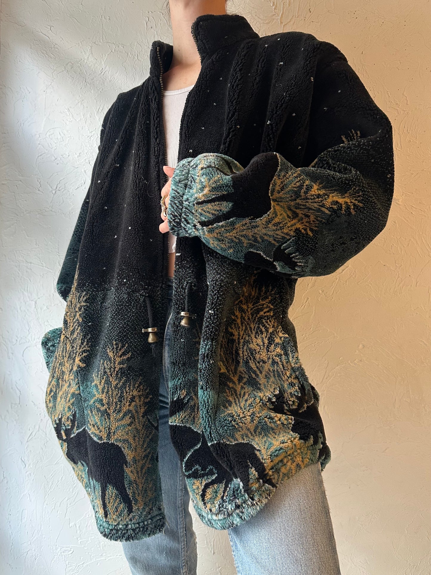 90s 'Mazmania' Winter Tree Print Fleece Jacket / Large