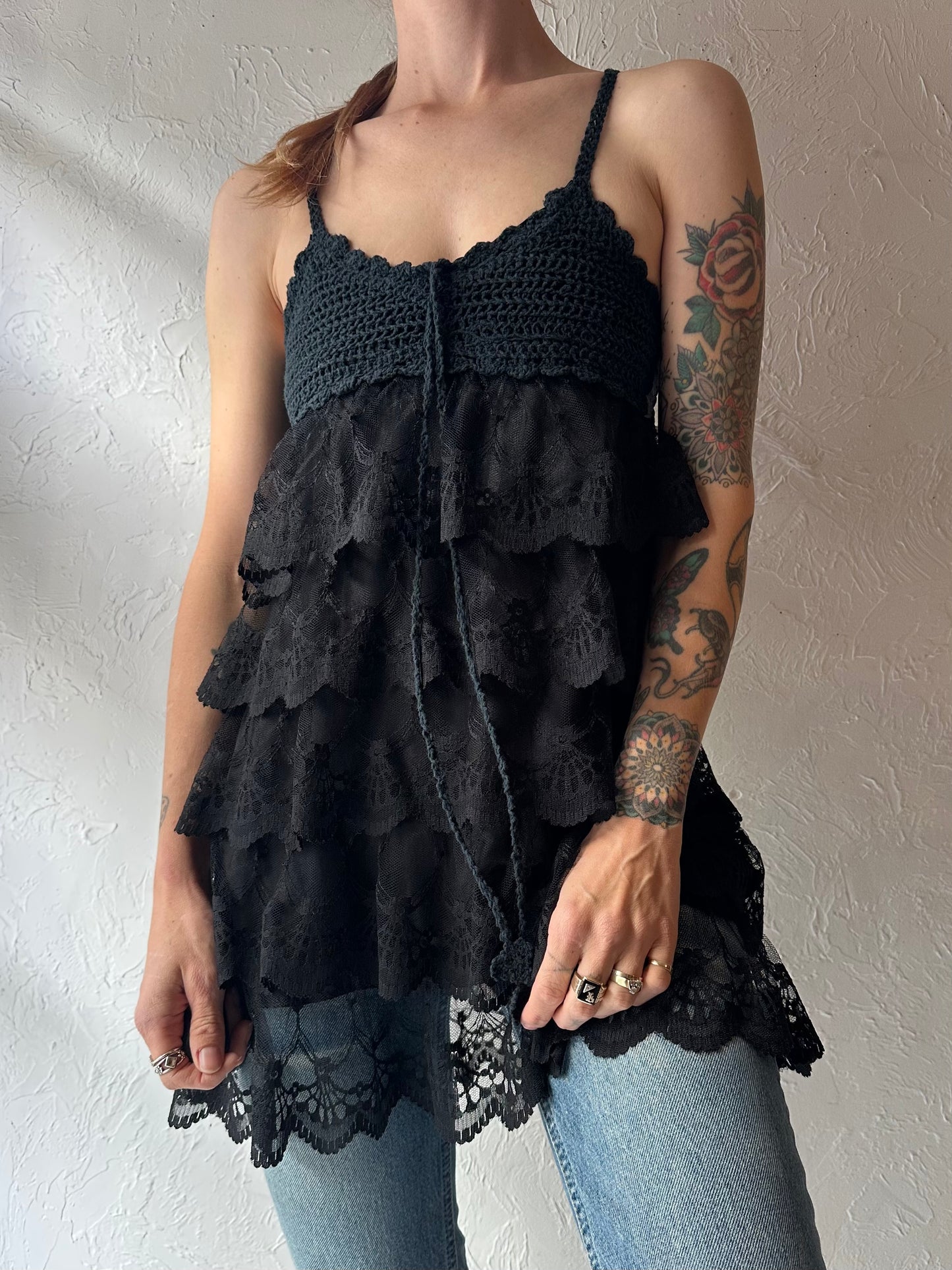 Y2k 'Angela' Black Tiered Lace Ruffle Top / Small