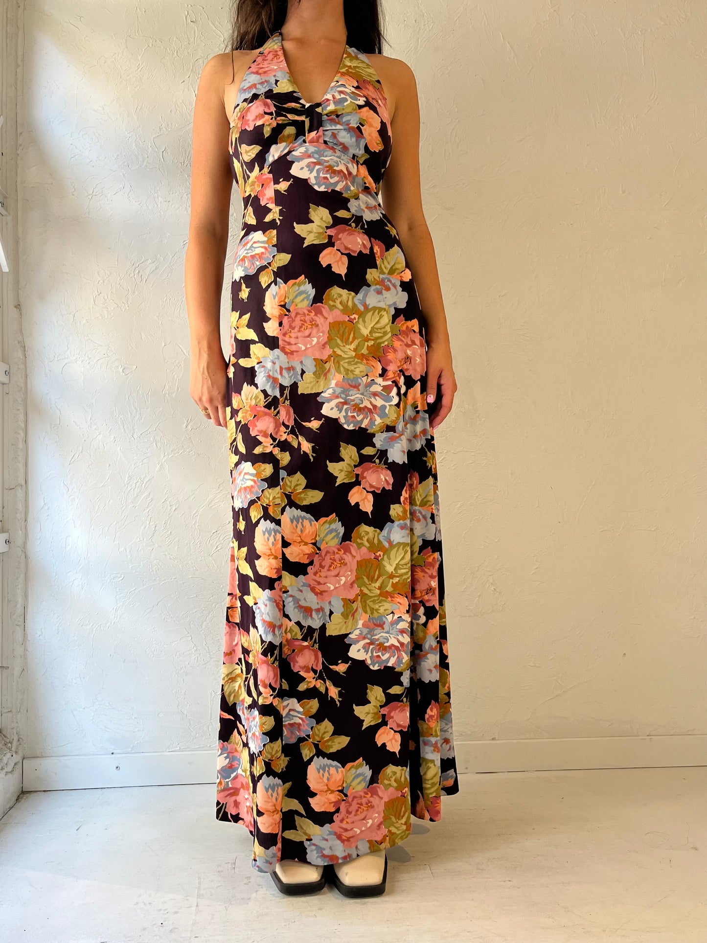 70s Purple Floral Halter Maxi Dress / Small