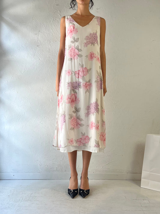 90s ‘Midnight Velvet’ White Floral Maxi Dress / Large