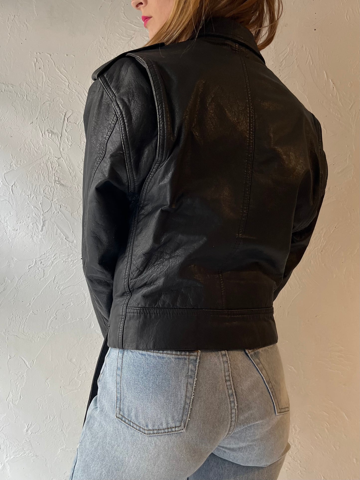 90s Black Leather Moto Style Jacket / XSmall