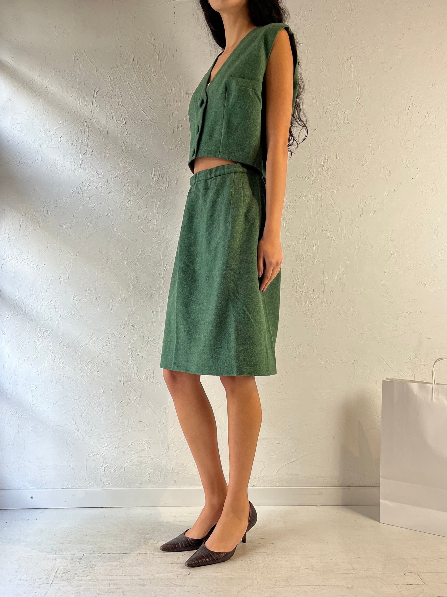 Vintage Handmade Green Wool Two Piece Set / Small