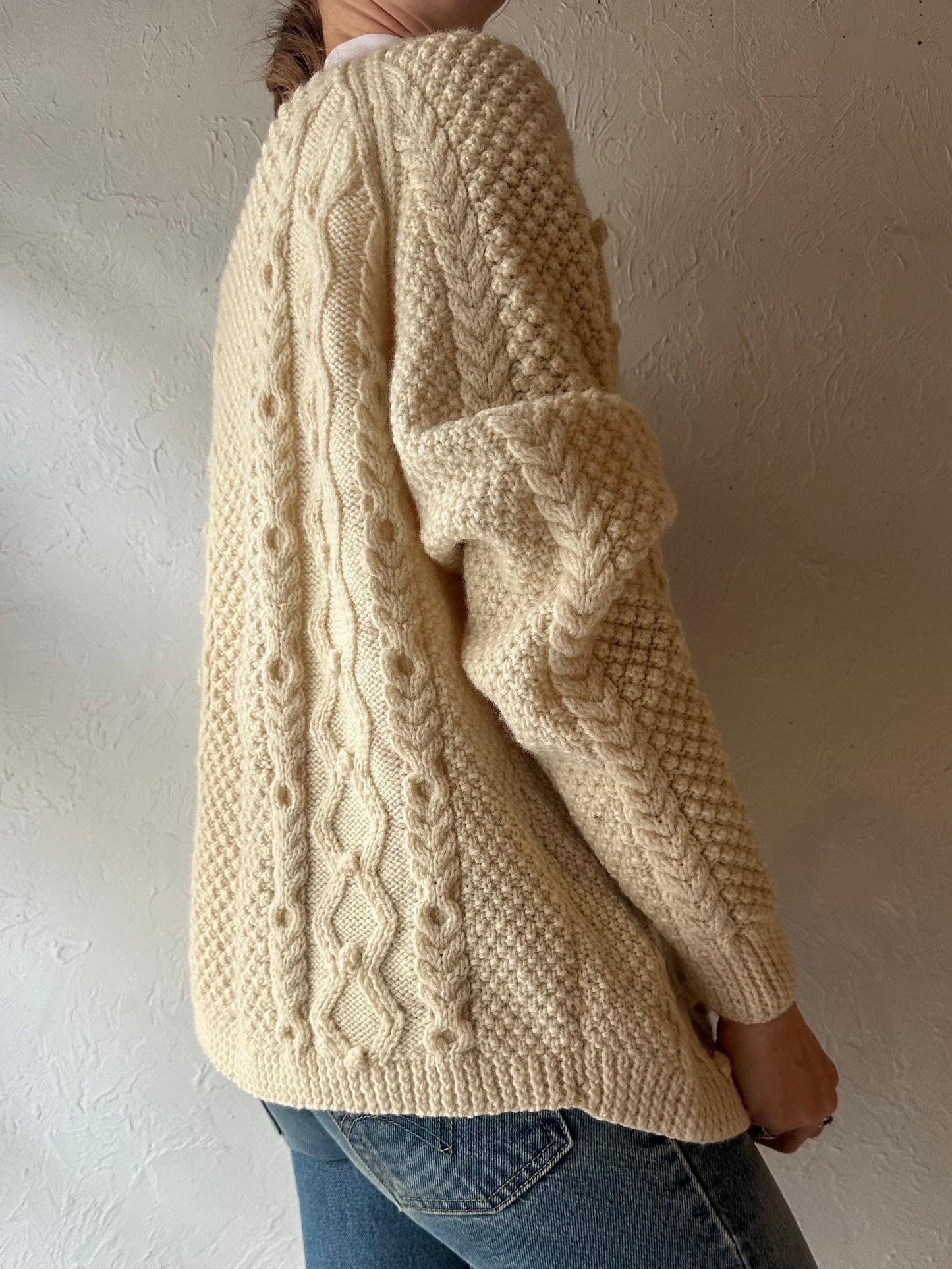 Vintage Cream Handmade Knit Cardigan Sweater / Small