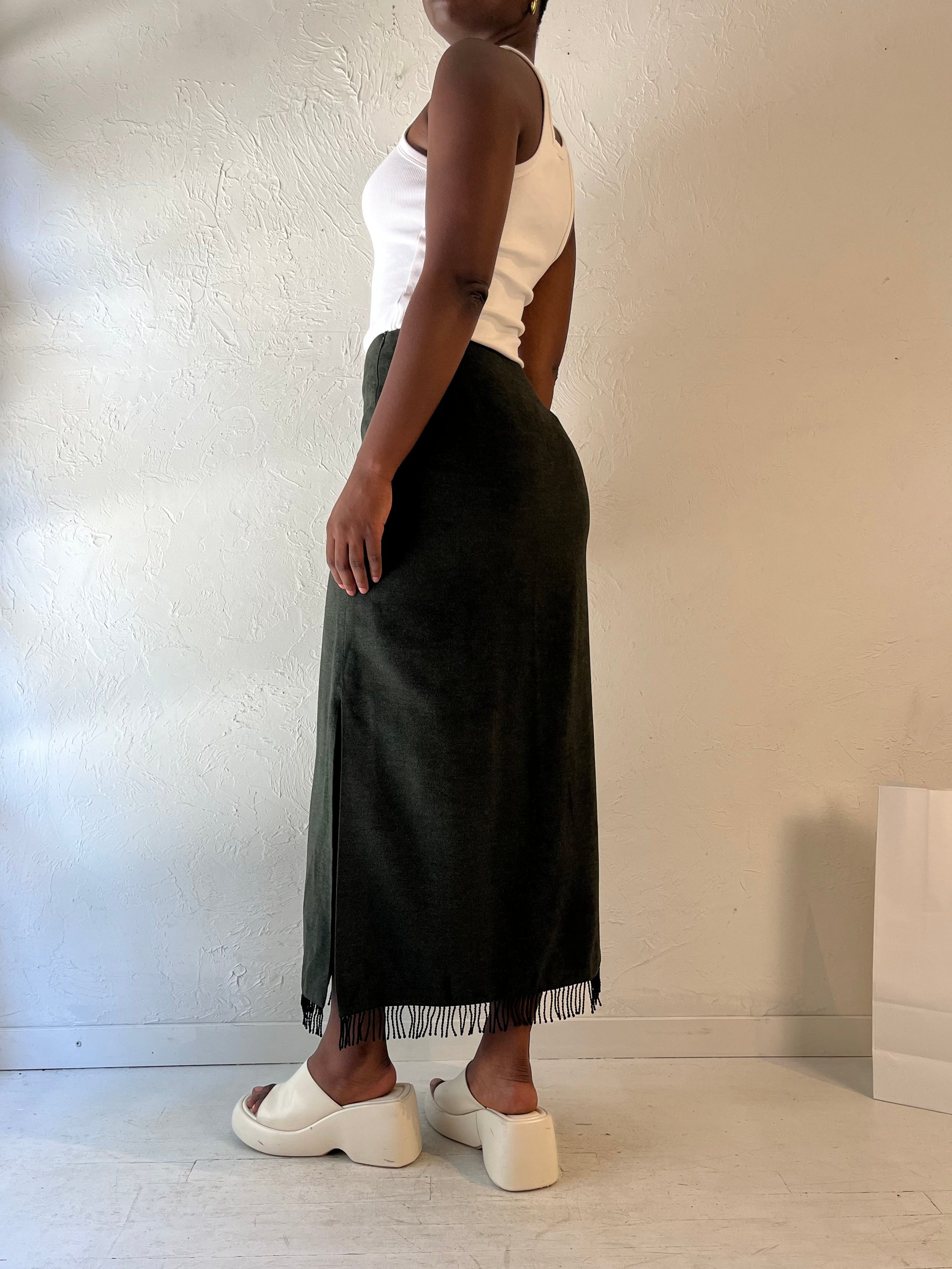 90s 'Dalia' Dark Green Micro Suede Maxi Skirt / Medium