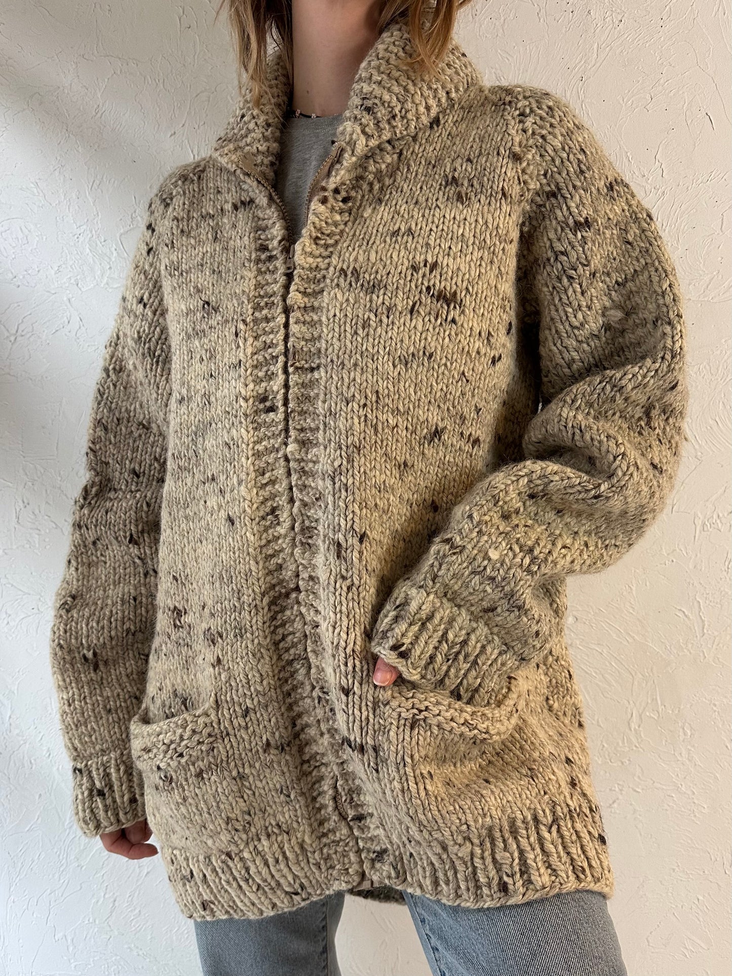Vintage Hand Knit Beige Zip Up Sweater / Large