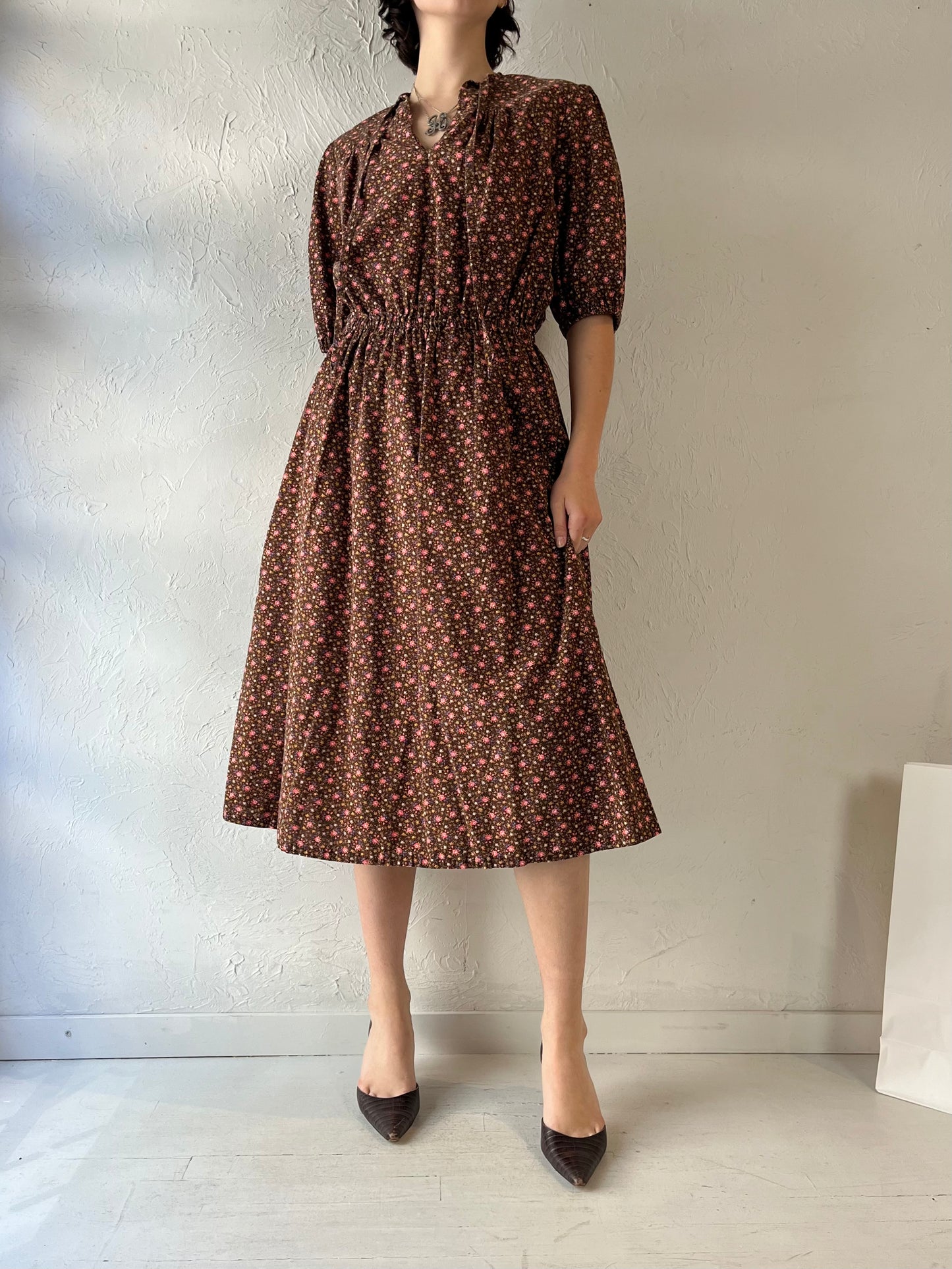 90s Handmade Brown Floral Print Midi Dress / Medium