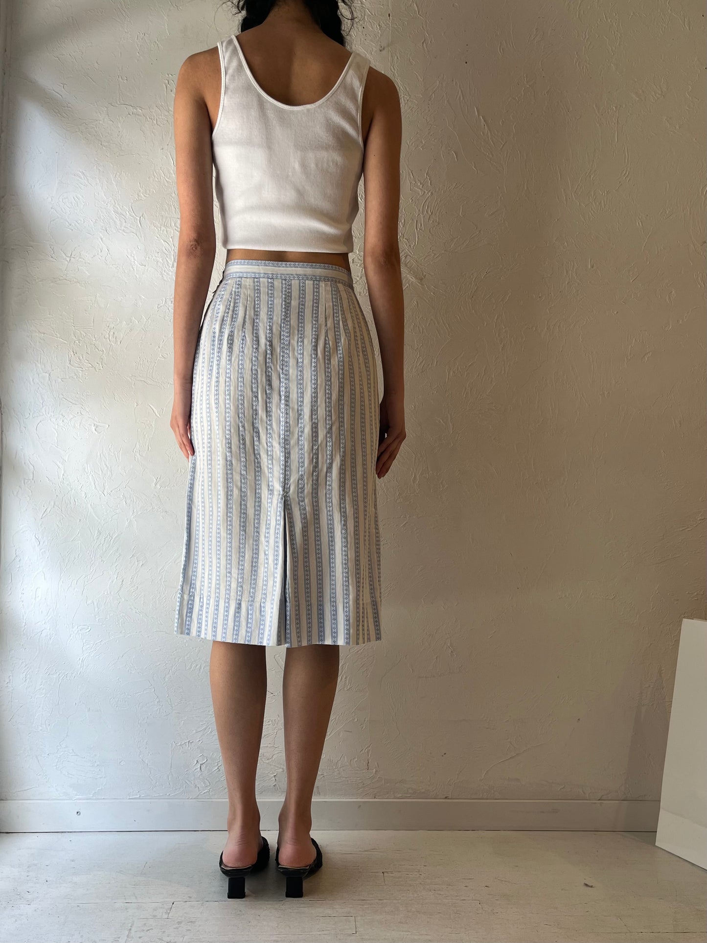 Vintage Handmade Baby Blue Striped Midi High Waisted Skirt / Small