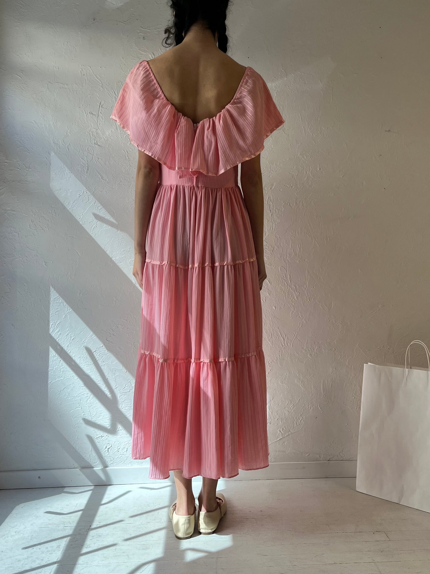70s Handmade Pink Tiered Dress / Medium