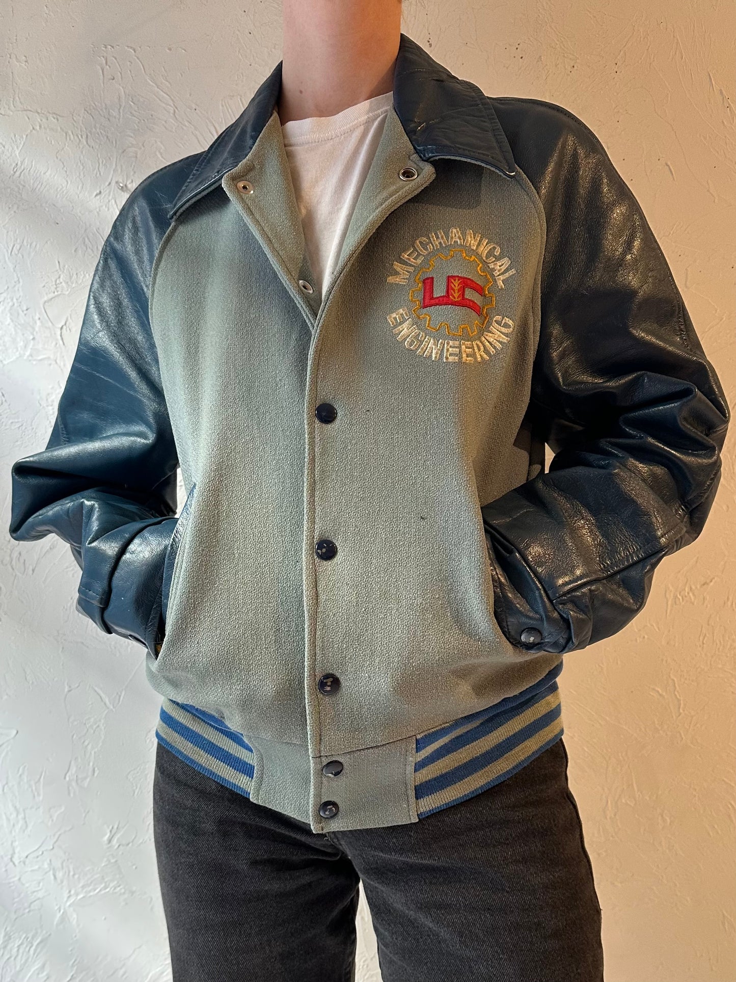70s ‘Bonson’ Mechanical Engineering Leather Varsity Jacket / Small