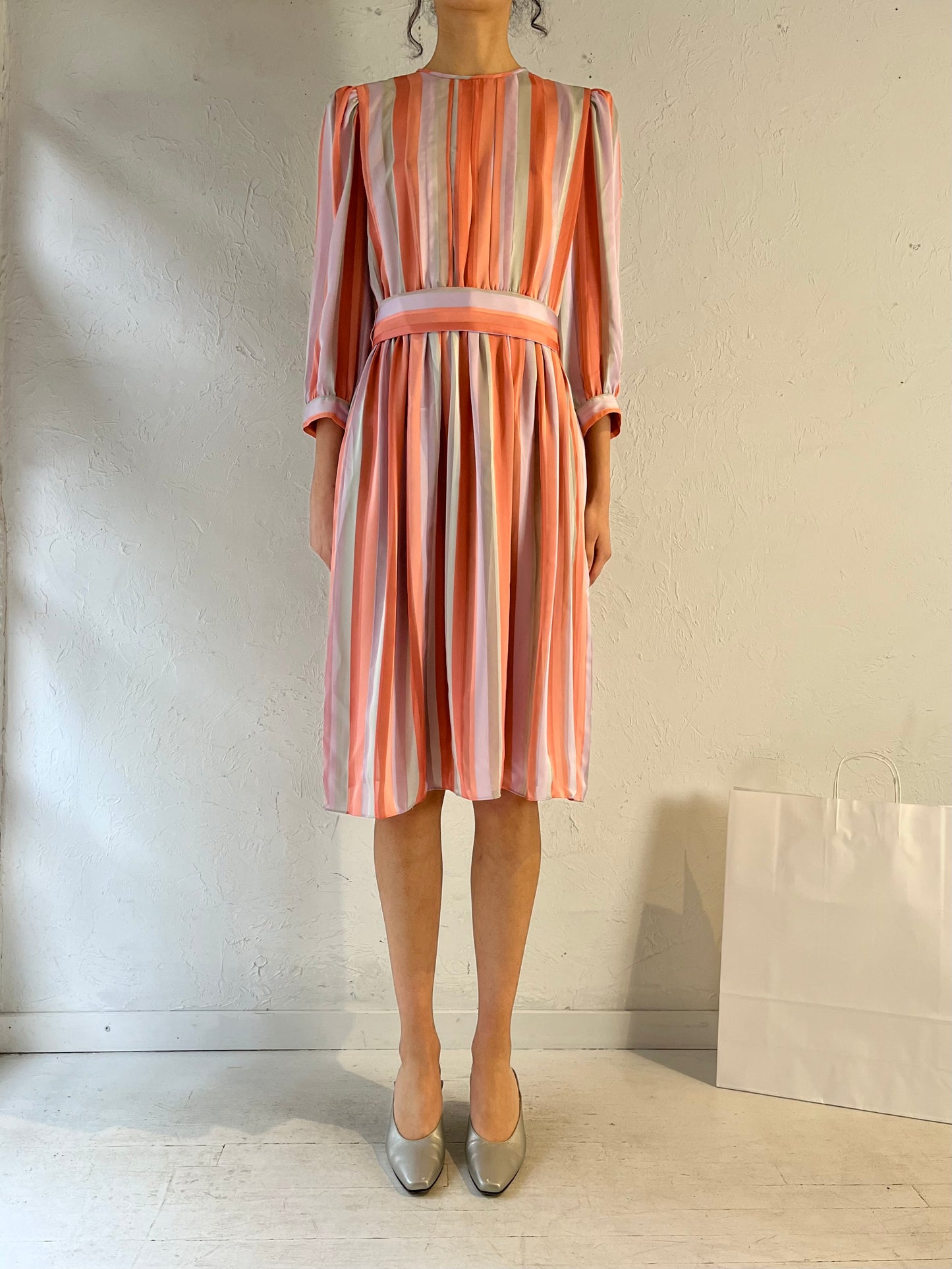 80s ‘Leslie Faye’ Striped Long Sleeve Dress / Medium