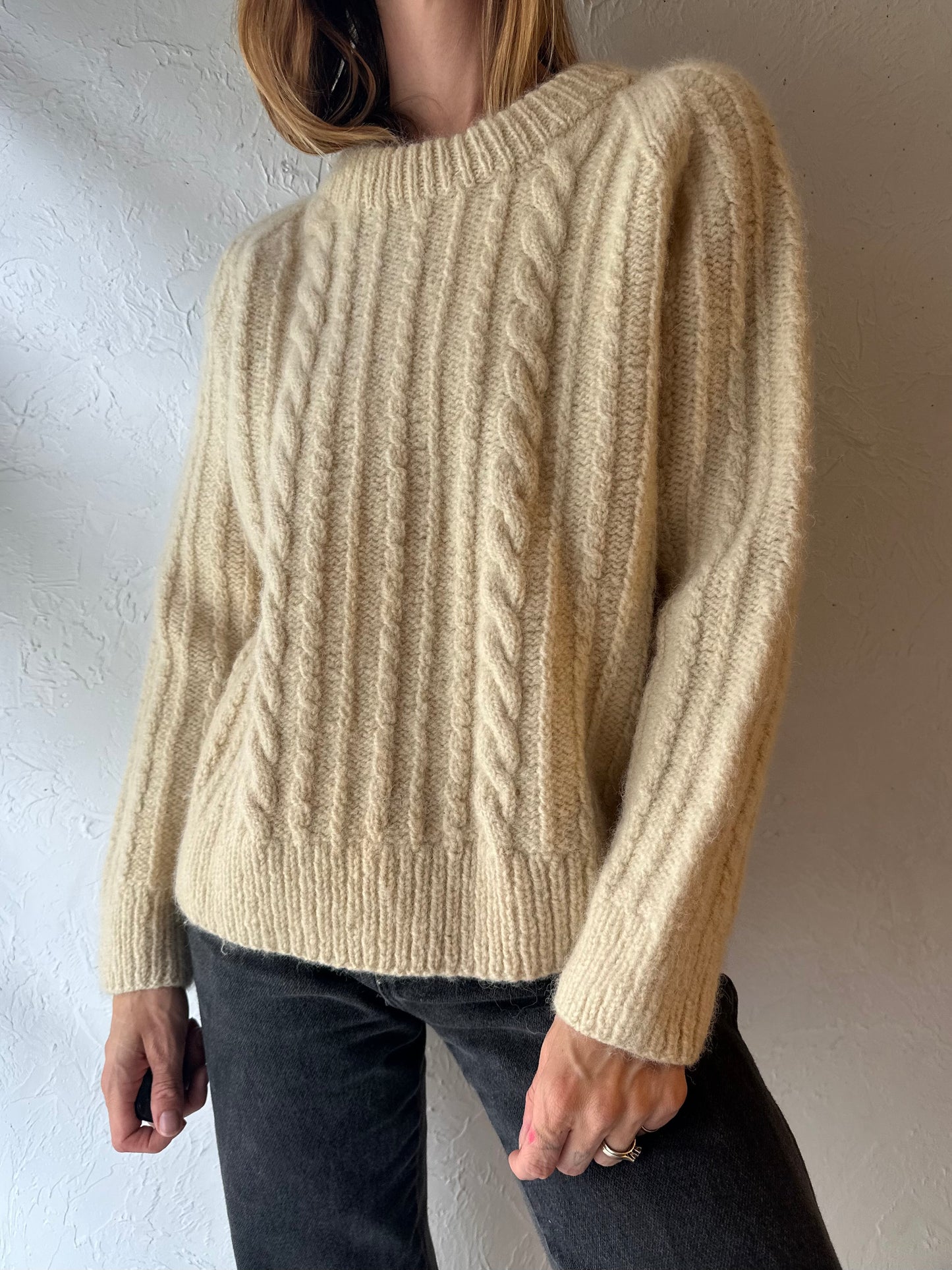 Vintage ‘Island Crafts’ Cream Wool Cable Knit Fisherman’s Sweater / Small