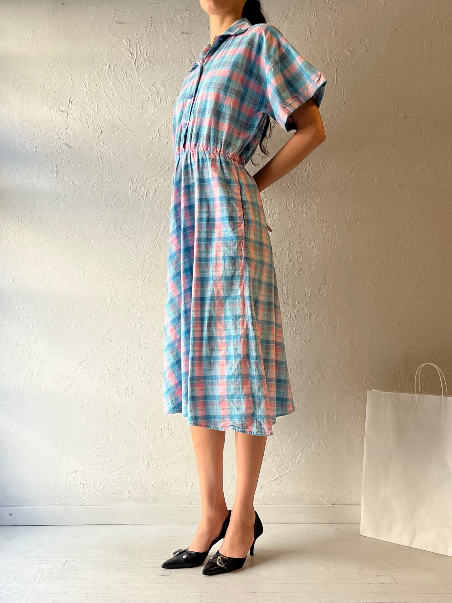 70s ‘Traditions Sears’ Blue Plaid Collared Dress / Small