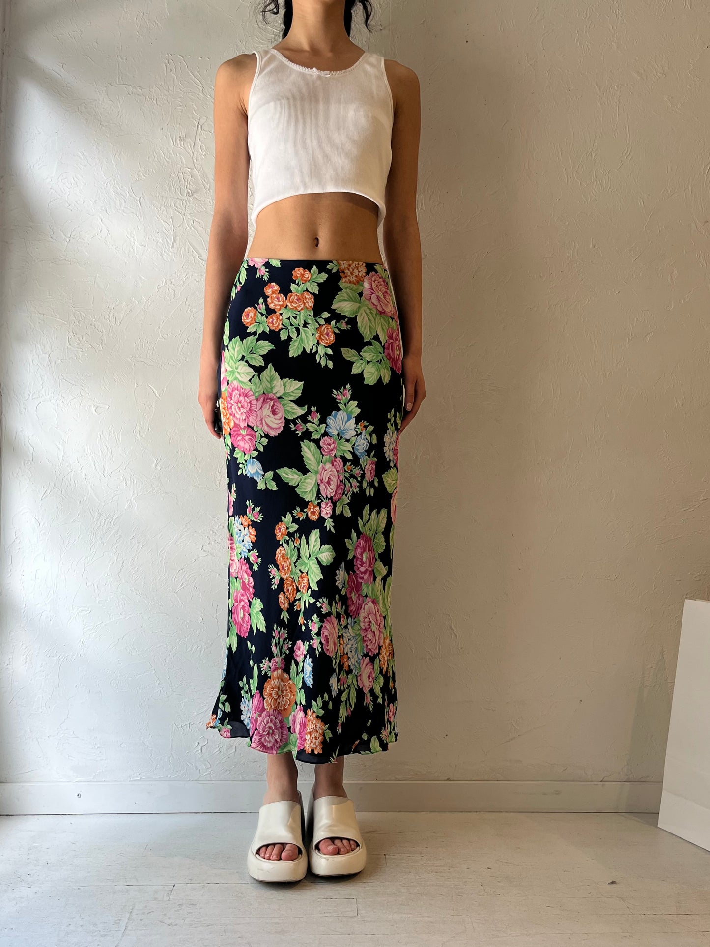 Y2K ‘Jones New York’ Navy Blue Floral Silk Maxi Skirt / Medium