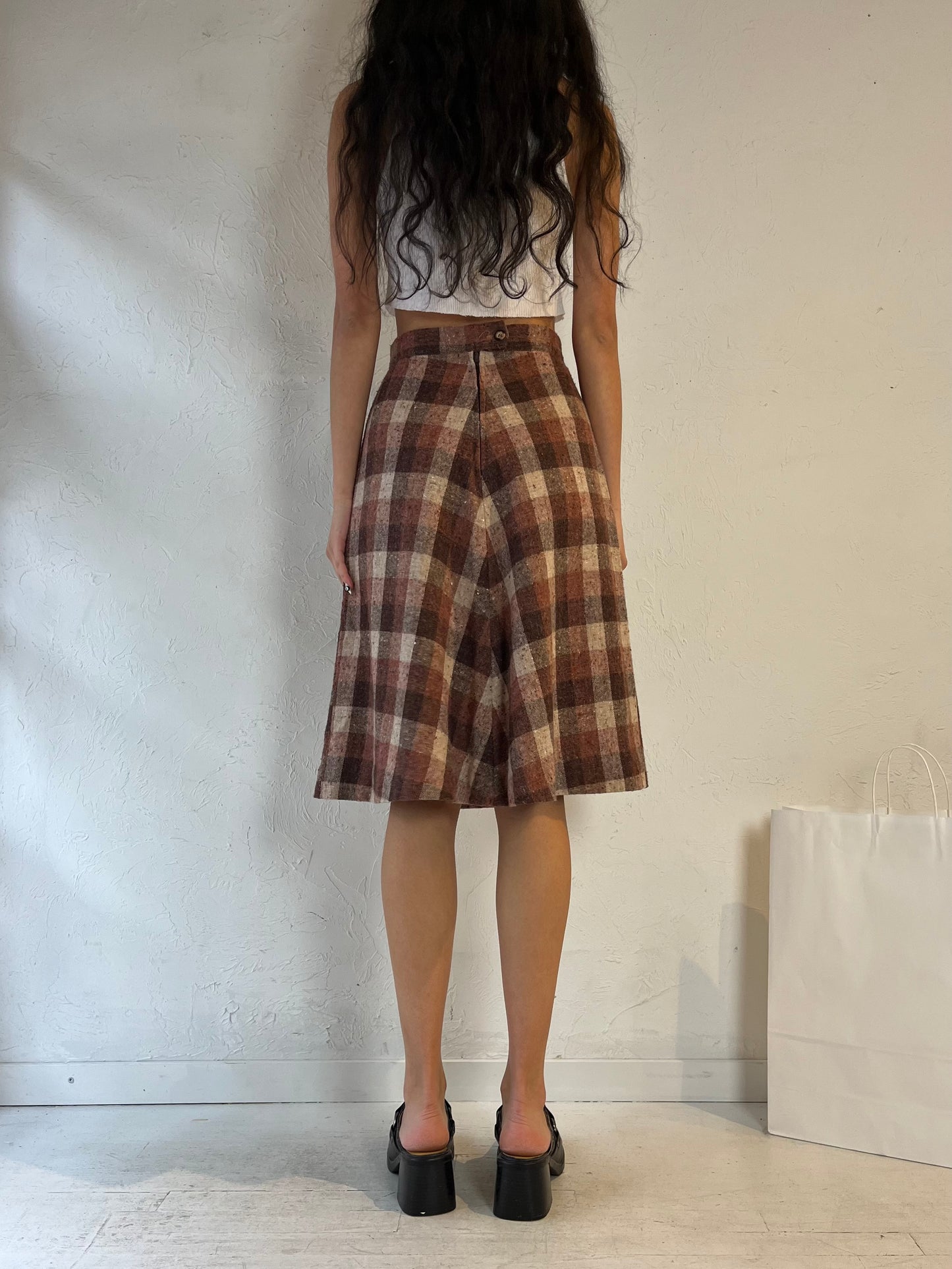 Vintage Handmade Plaid Wool Midi Skirt / XS